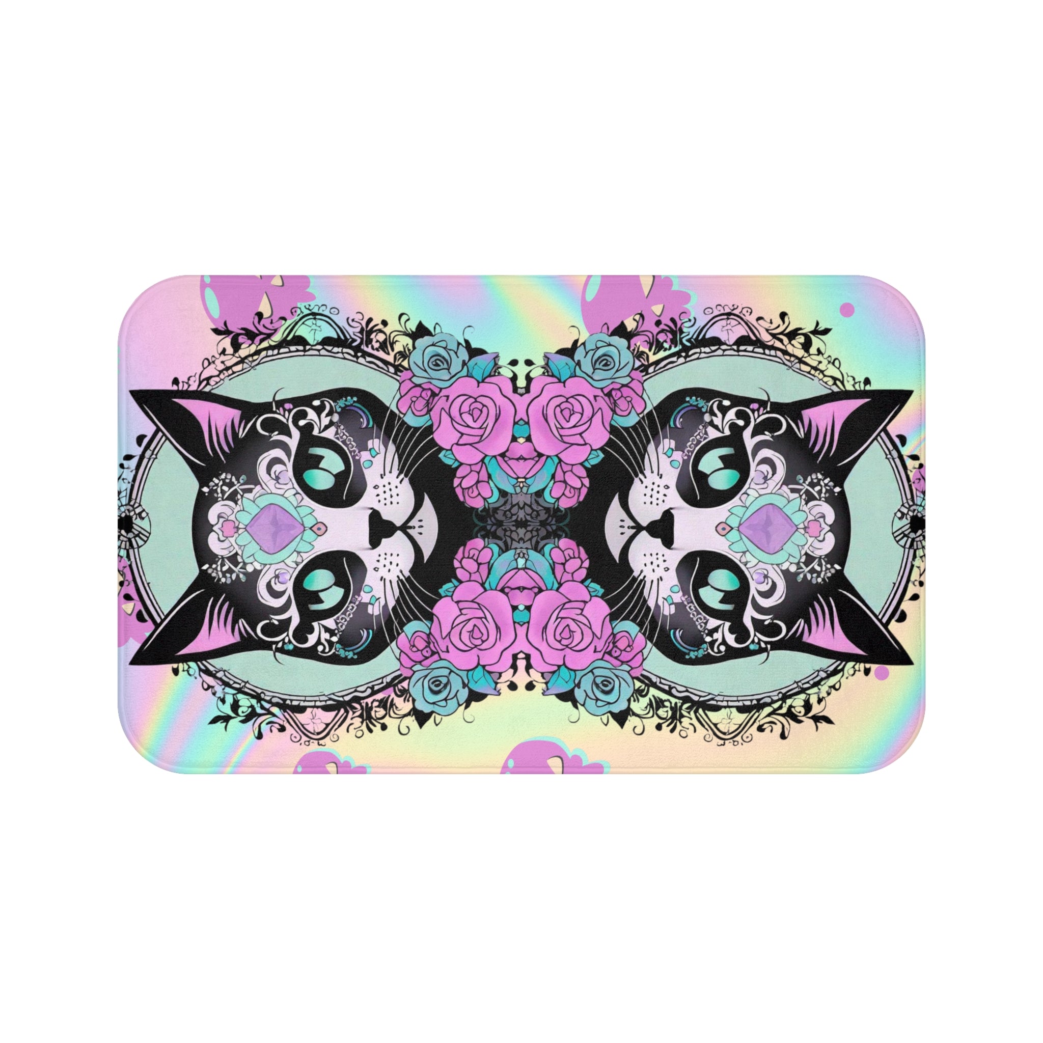 Pastel Goth Sugar Skull Cat Bath Mat — Whimsical Bathroom Decor