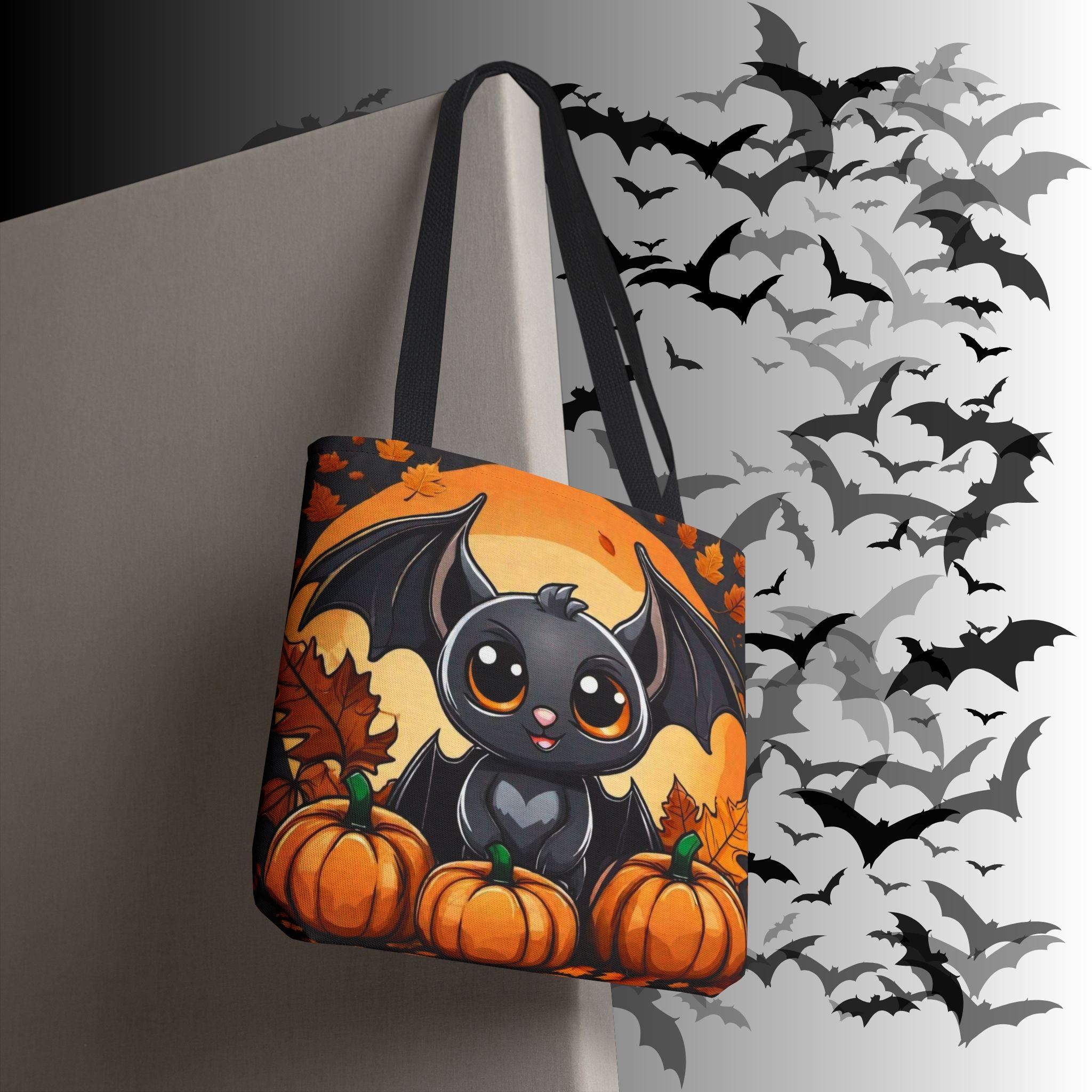 Kawaii Bat & Pumpkin Halloween Tote Bag — Autumn Full Moon Print