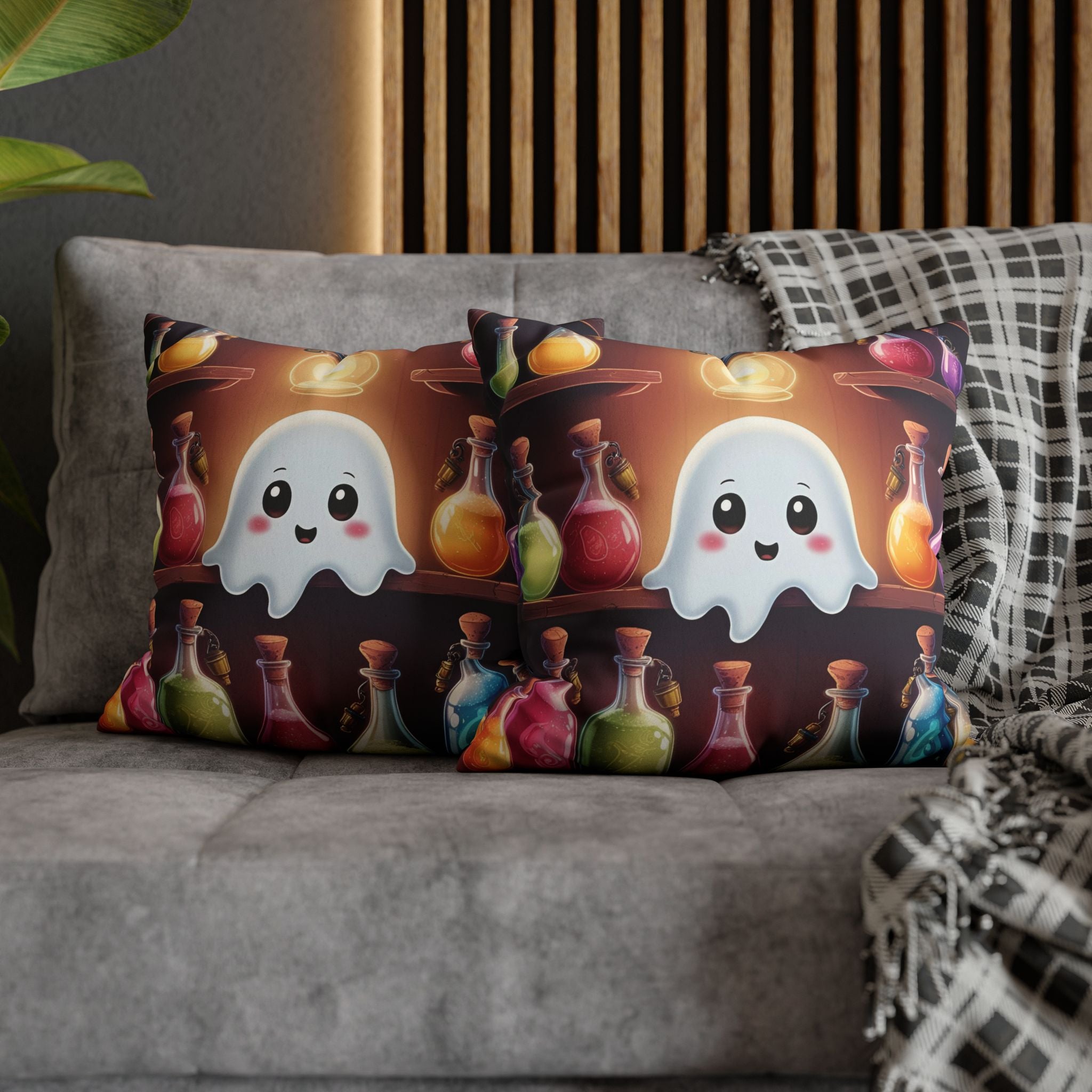 Apothecary Ghost Throw Pillow — Whimsigoth Potion Shelf Dark Home Decor