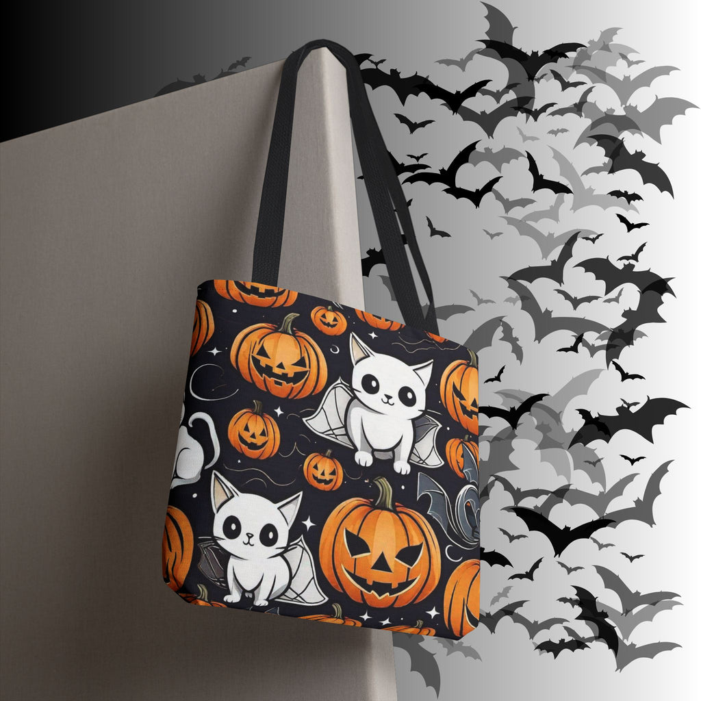 Kawaii Bat Cat Halloween Tote Bag — Spooky Pumpkin Pattern