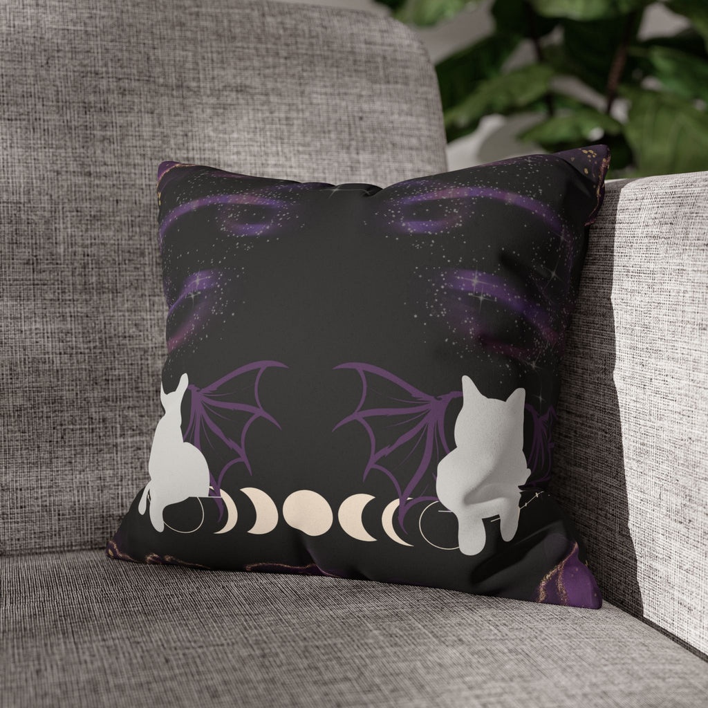Gothic Bat Wing Cat Moon Phases Throw Pillow — Purple Celestial Dark Home Decor