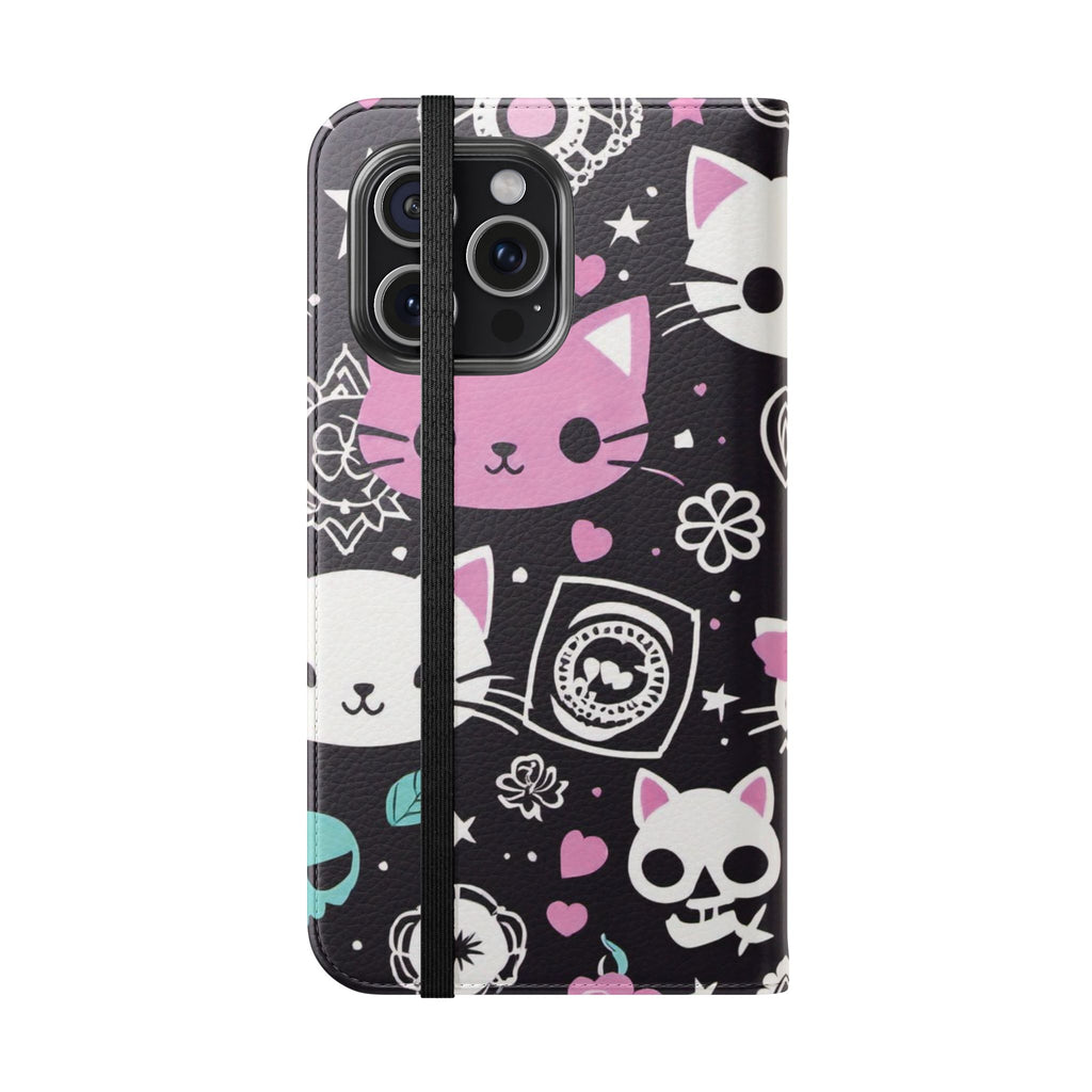 Pastel Goth Cat Flip Wallet Phone Case - Goth Cat Wallet Case for Samsung iPhone - Gothic Style Cats Wallet Phone Cases