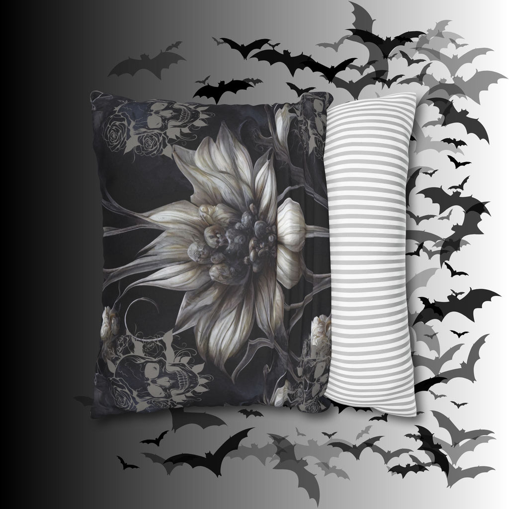 Gothic Skull Botanical Sunflower Throw Pillow — Dark Floral Home Decor