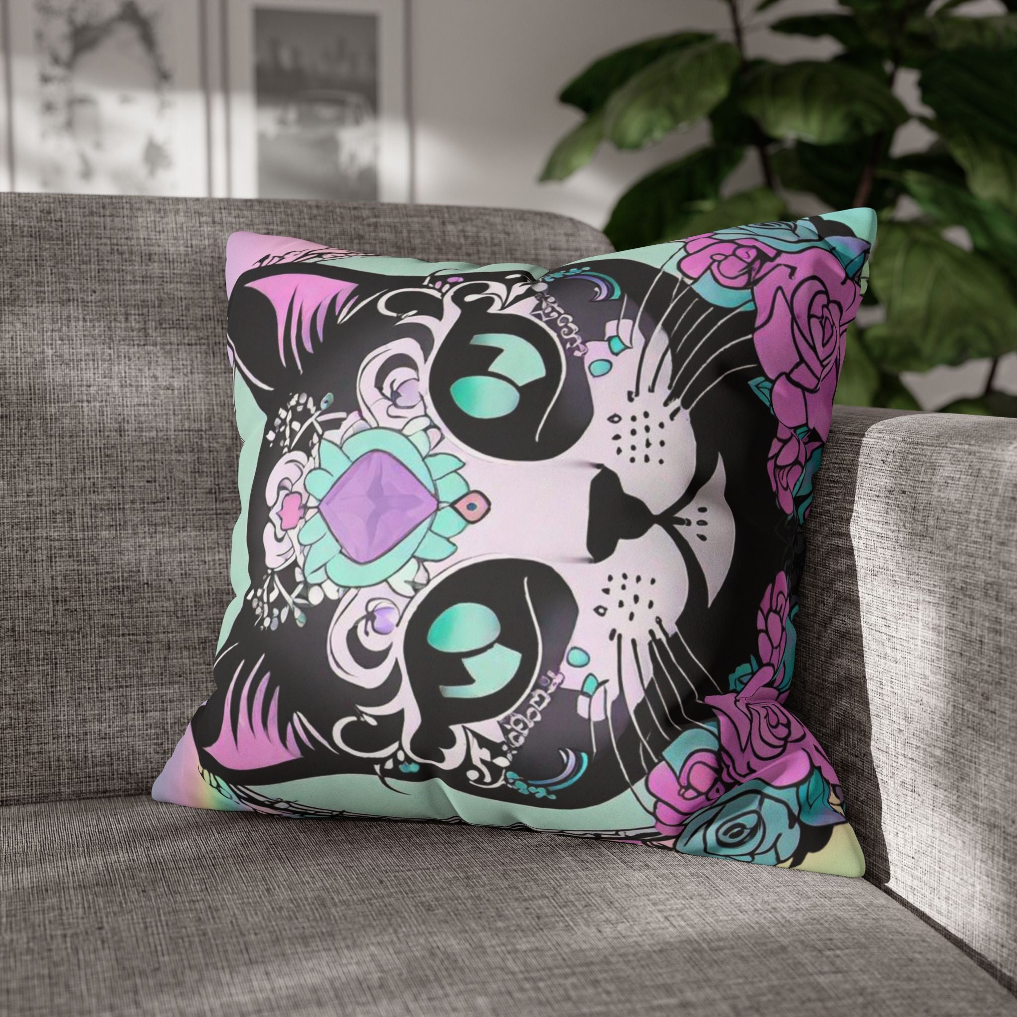Pastel Goth Sugar Skull Cat Throw Pillow — Floral Gothic Home Decor