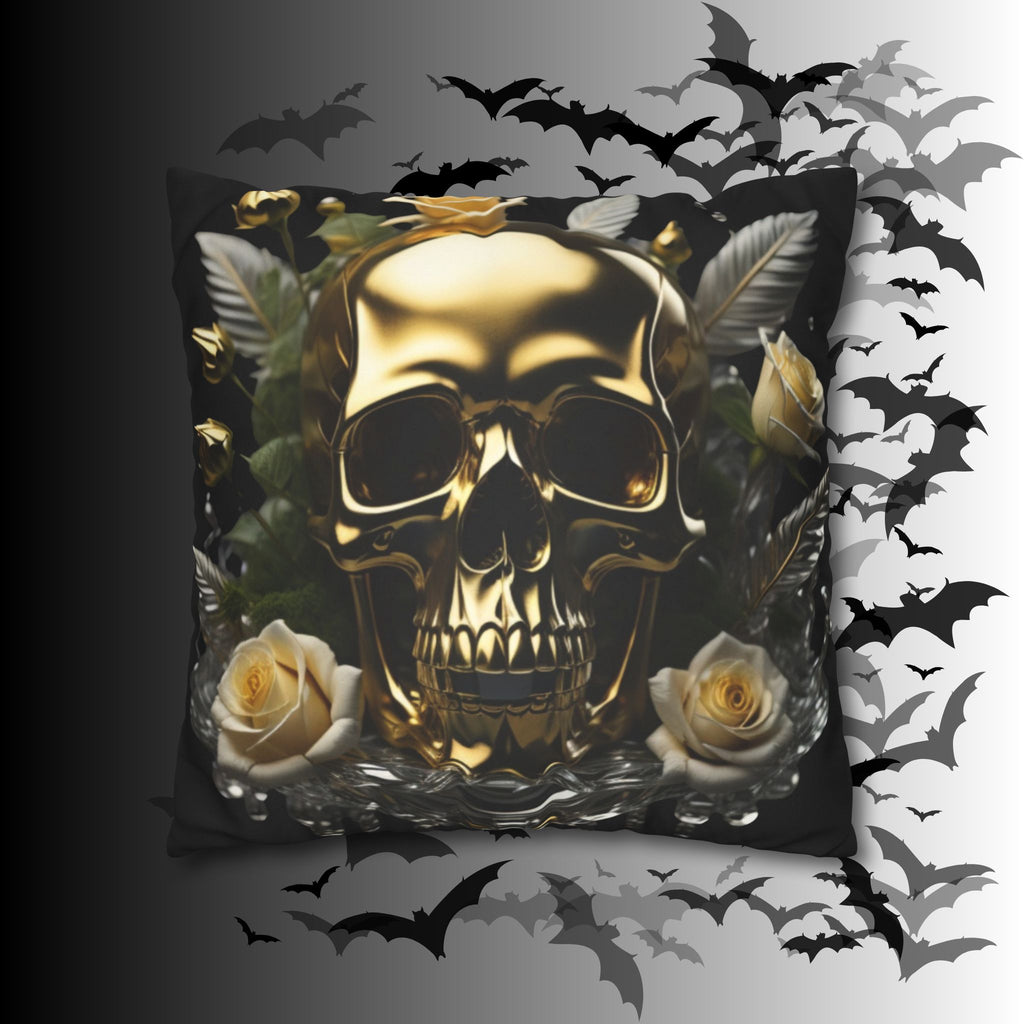 Gold Skull Botanical Throw Pillow — Dark Floral Gothic Home Decor