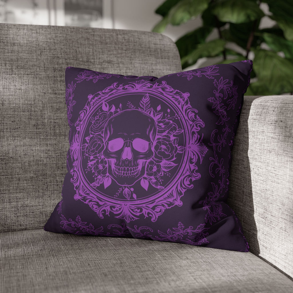 Purple Gothic Floral Skull Throw Pillow — Baroque Botanical Dark Home Decor
