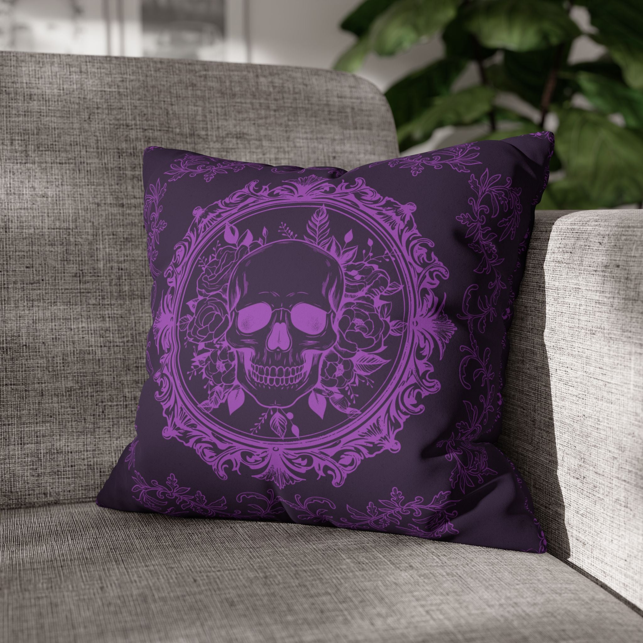 Purple Gothic Floral Skull Throw Pillow — Baroque Botanical Dark Home Decor