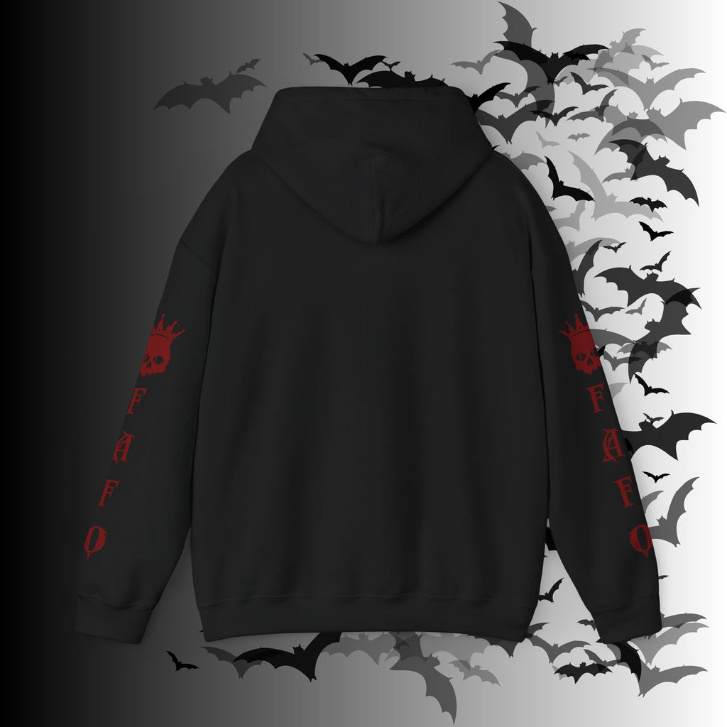 I Identify As a Threat Hoodie — Gothic Skull Sleeve Print Fuck Around Find Out