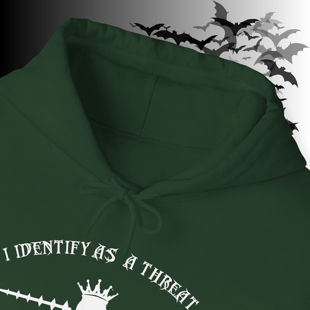 I Identify As a Threat Hoodie — Gothic Skull Sleeve Print FAFO Black