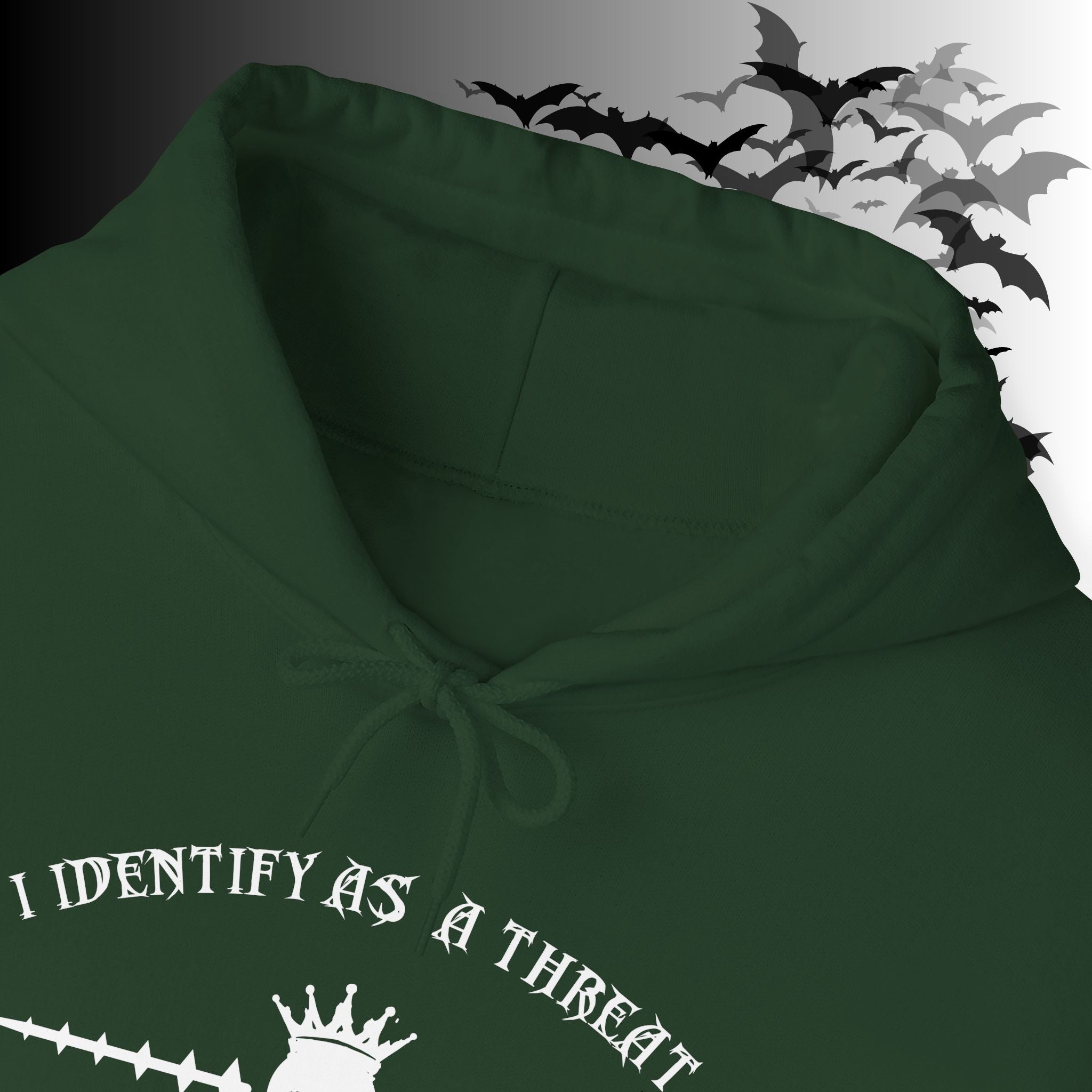 I Identify As a Threat Hoodie — Gothic Skull Sleeve Print FAFO Black