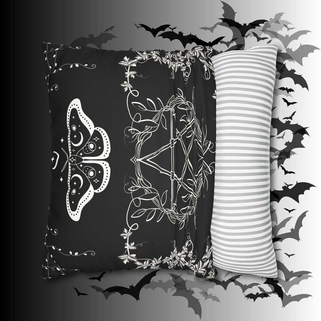 Witchy Moth Pentagram Throw Pillow — Botanical Gothic Dark Home Decor