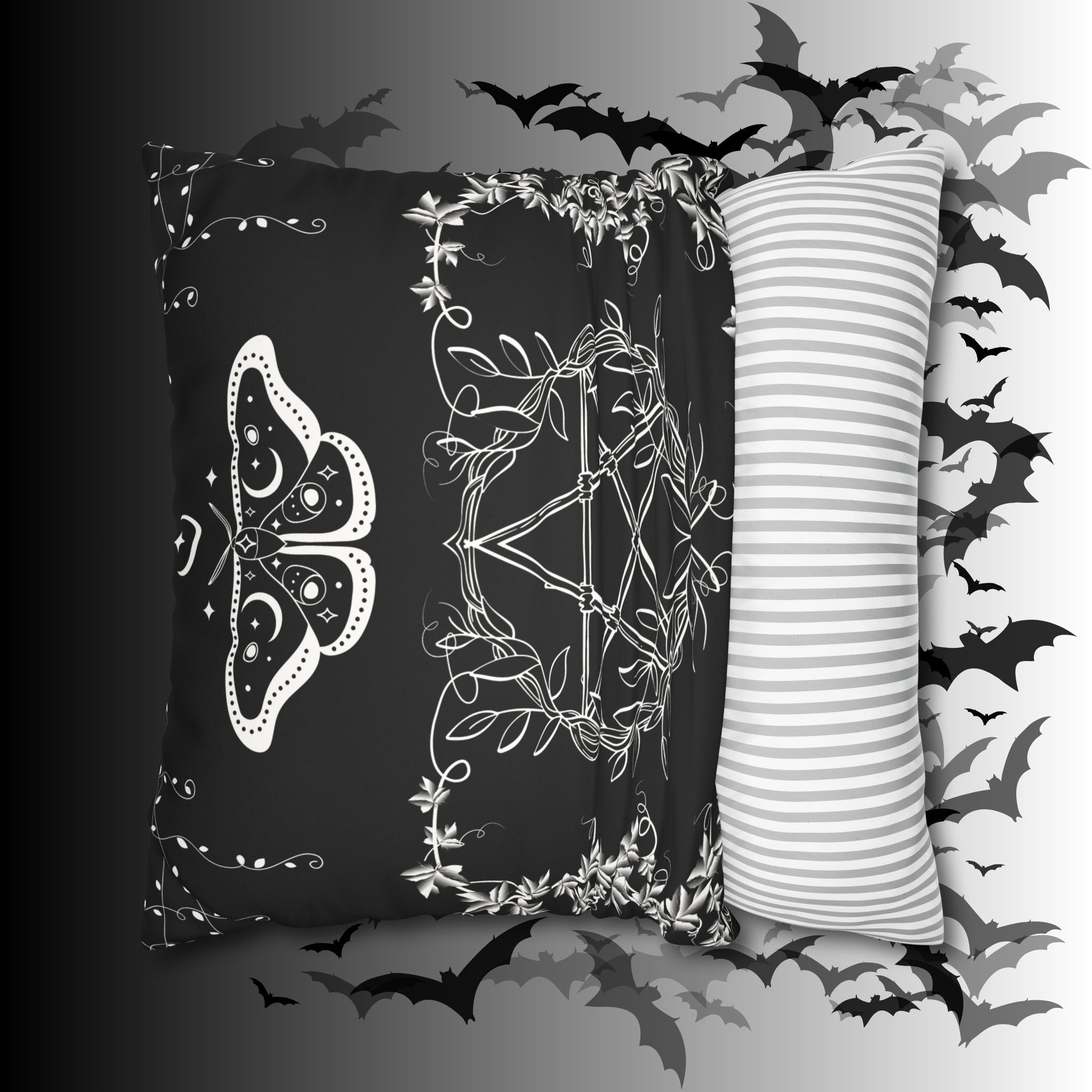 Witchy Moth Pentagram Throw Pillow — Botanical Gothic Dark Home Decor