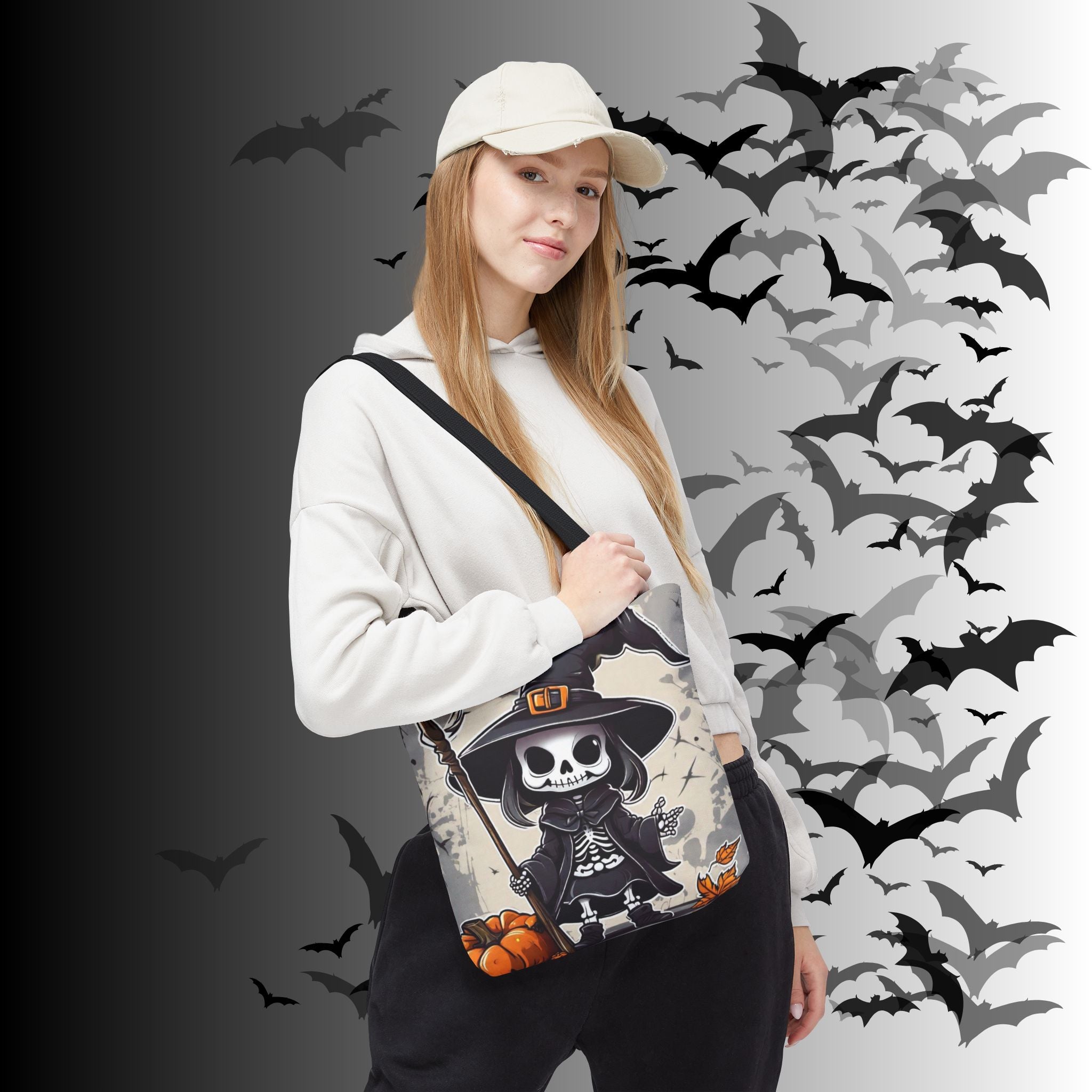Skeleton Witch Halloween Tote Bag — Spooky Chibi Witch Print