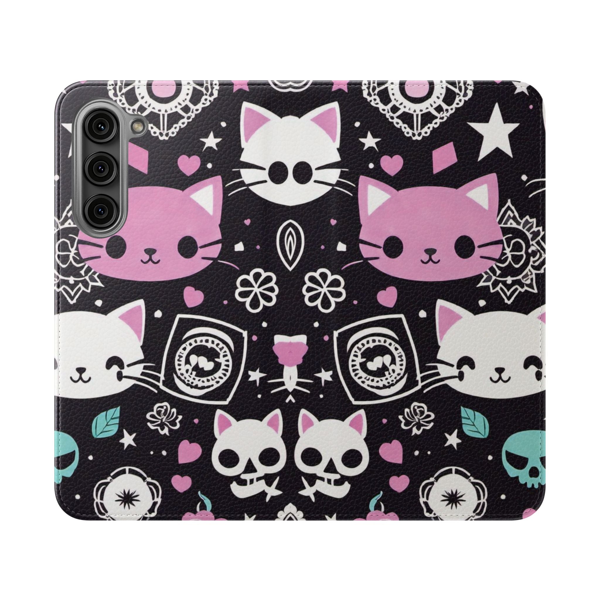 Pastel Goth Cat Flip Wallet Phone Case - Goth Cat Wallet Case for Samsung iPhone - Gothic Style Cats Wallet Phone Cases