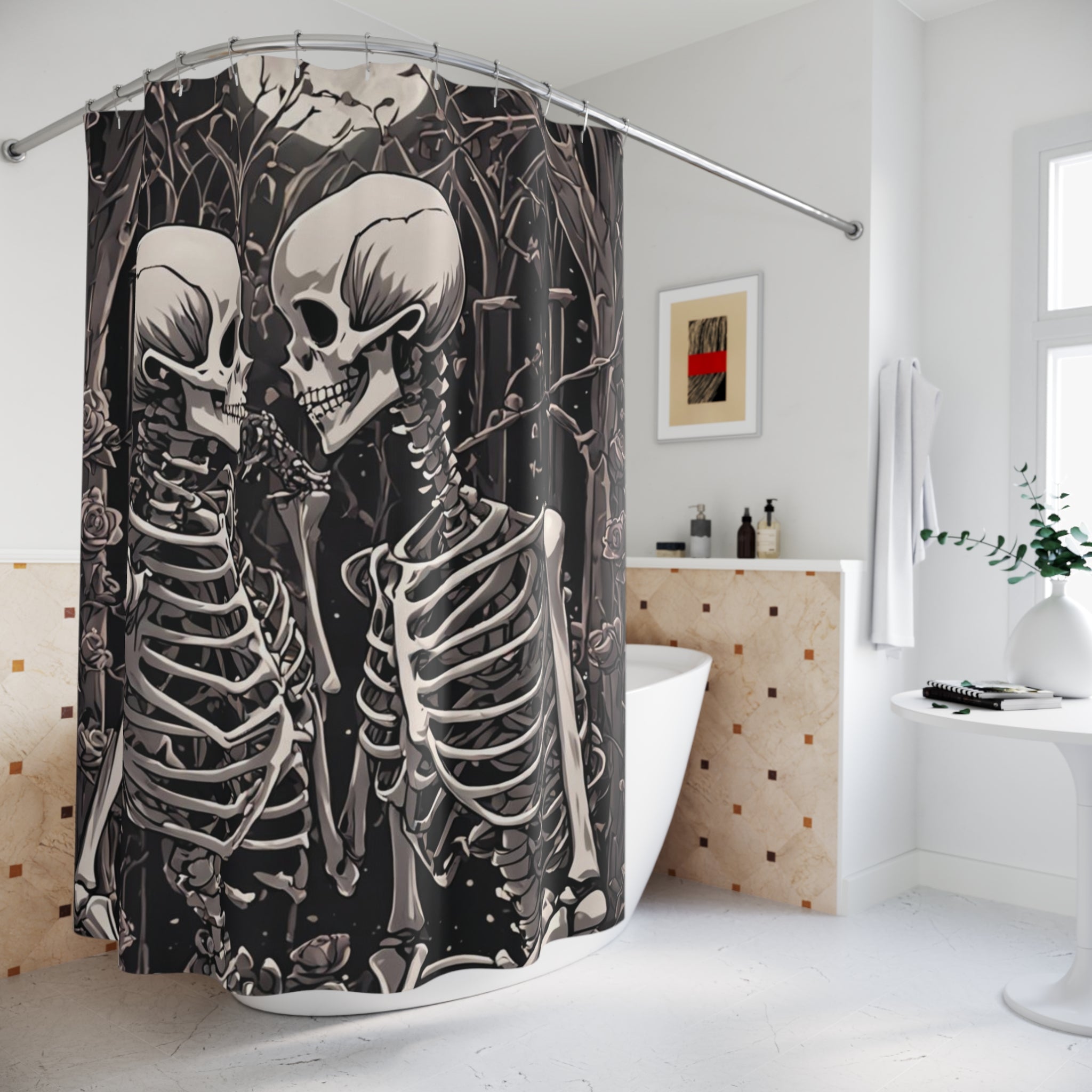 Gothic Skeleton Love Shower Curtain — Dark Romance Valloween Bathroom Decor