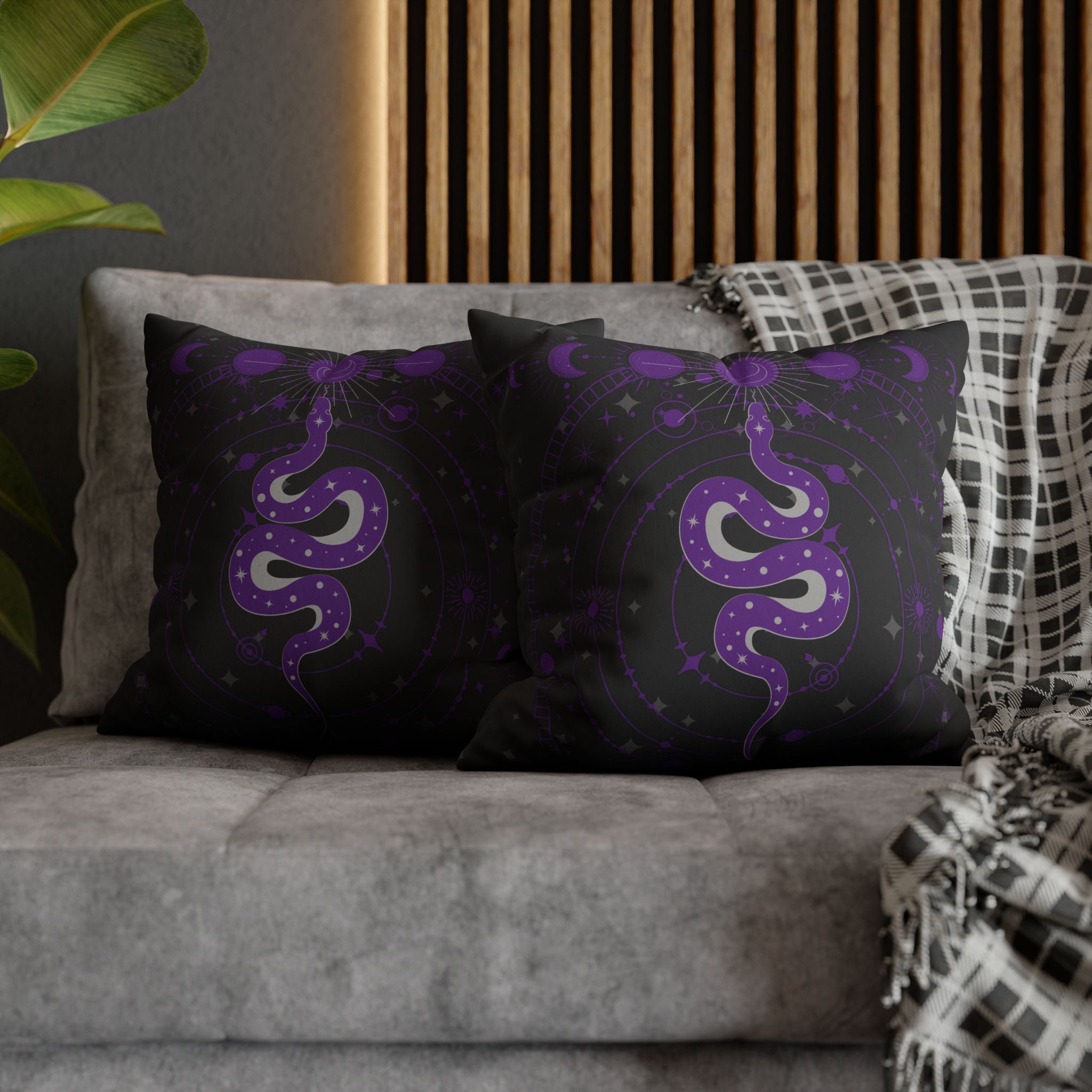 Purple Celestial Snake Moon Phases Throw Pillow — Witchy Gothic Dark Home Decor