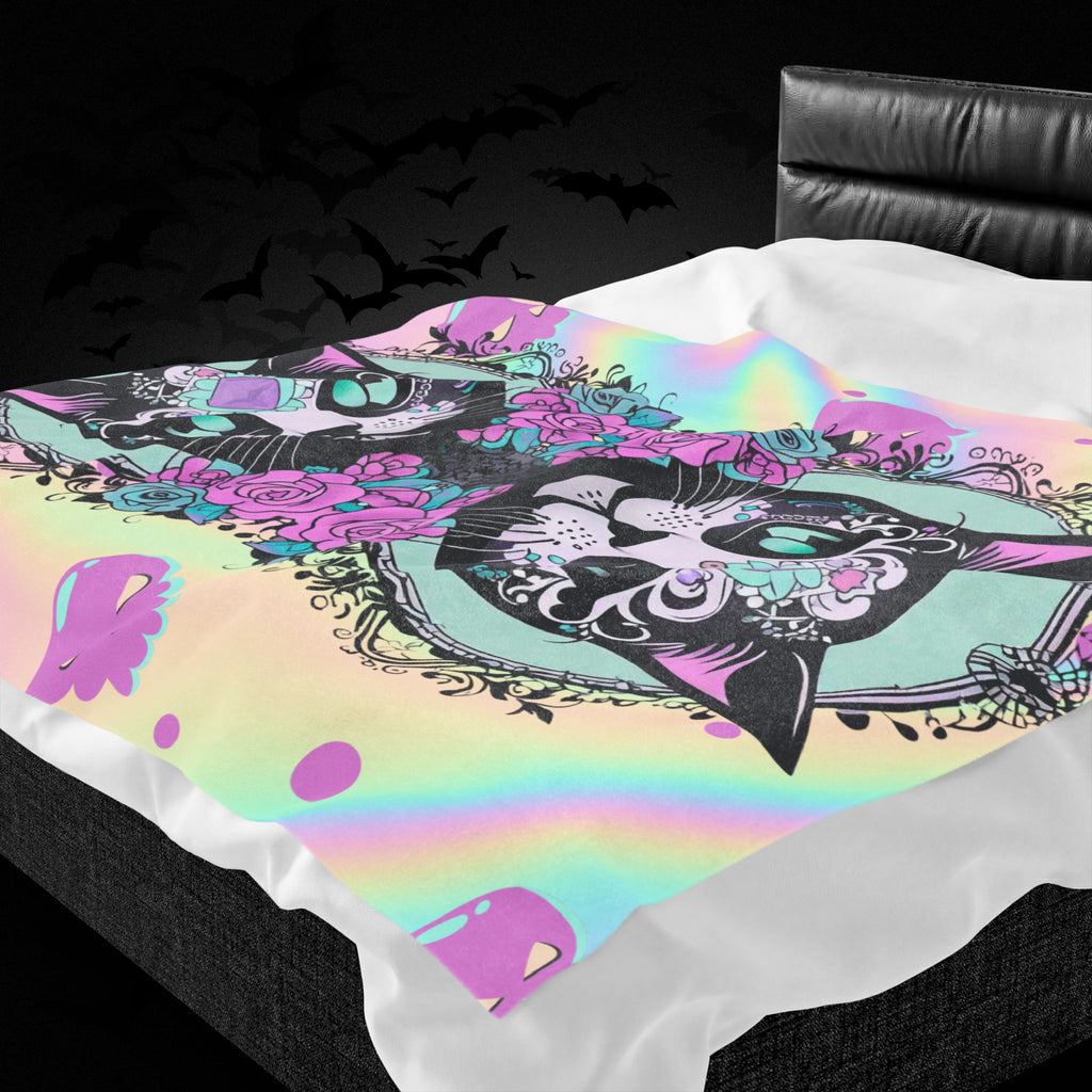 Pastel Goth Sugar Skull Cat Throw Blanket — Floral Gothic Home Decor