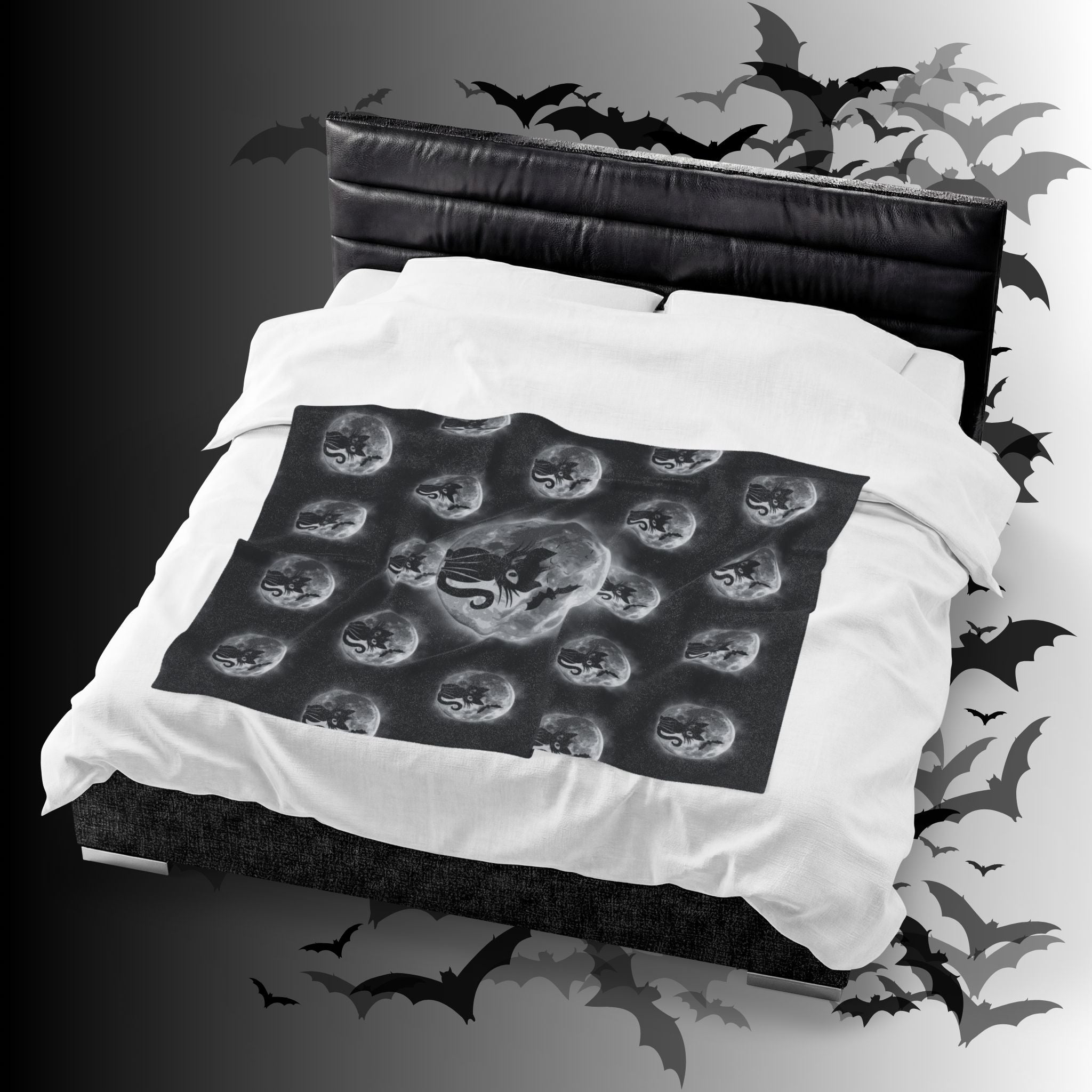 Gothic Black Cat Throw Blanket — Full Moon Bat Dark Home Decor
