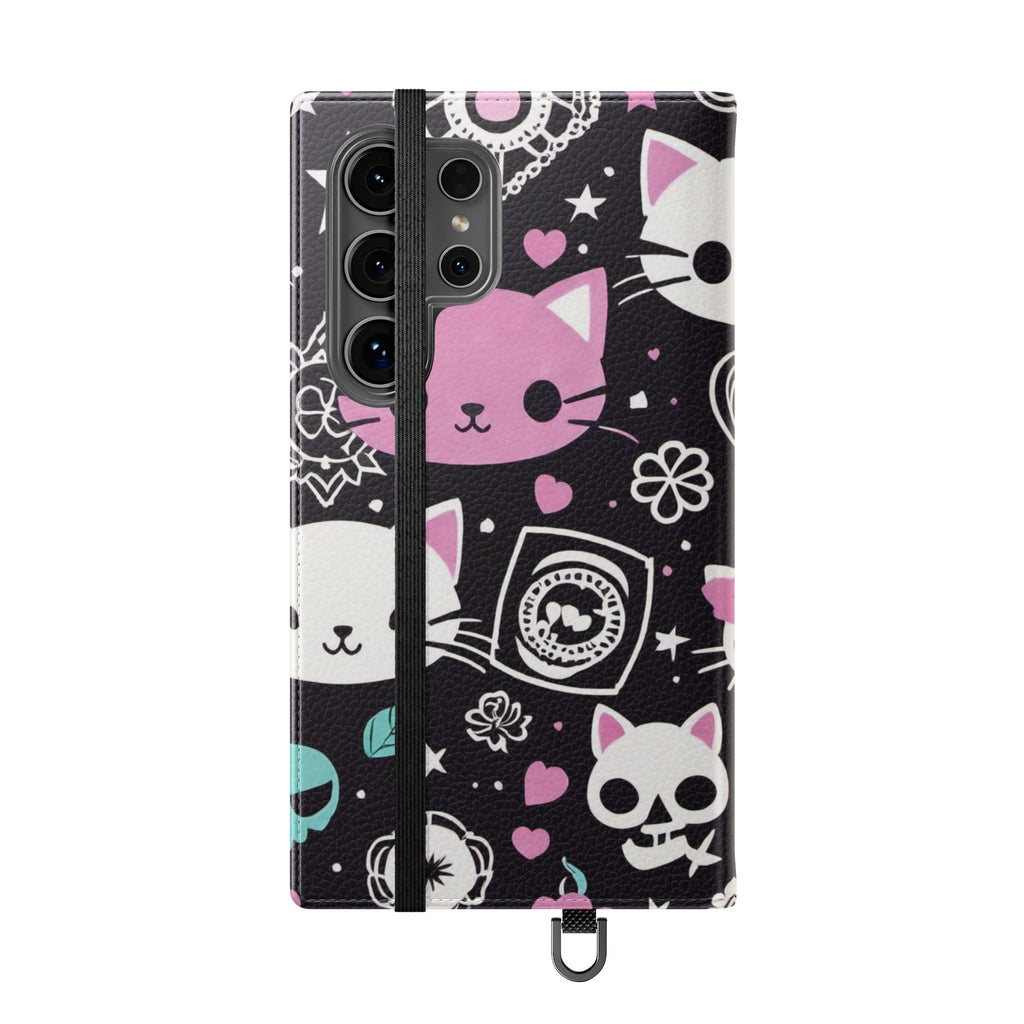 Pastel Goth Cat Flip Wallet Phone Case - Goth Cat Wallet Case for Samsung iPhone - Gothic Style Cats Wallet Phone Cases