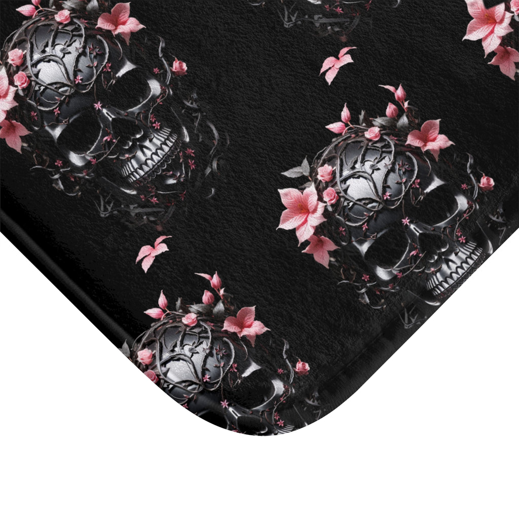 Gothic Floral Skull Bath Mat — Dark Botanical Bathroom Decor