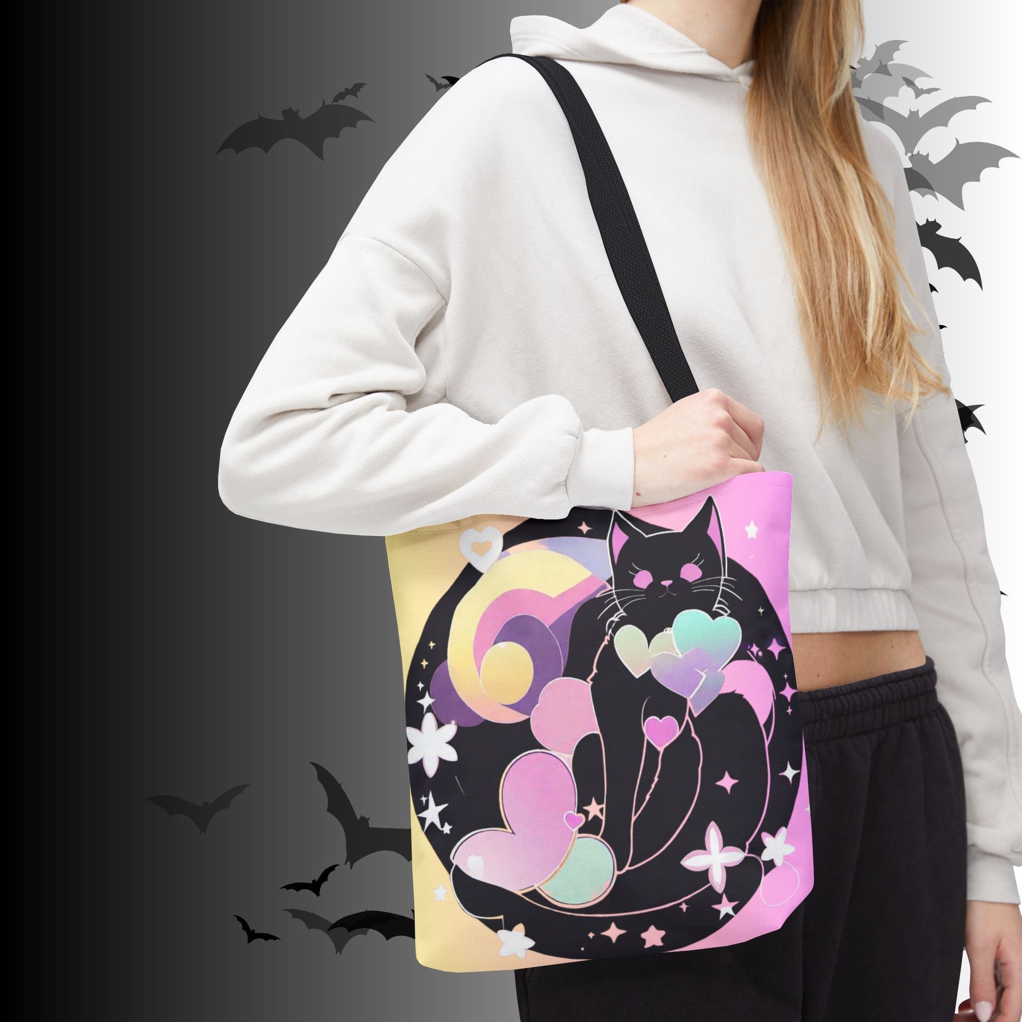 Pastel Goth Black Cat Heart Balloon Tote Bag — Kawaii Moon Print