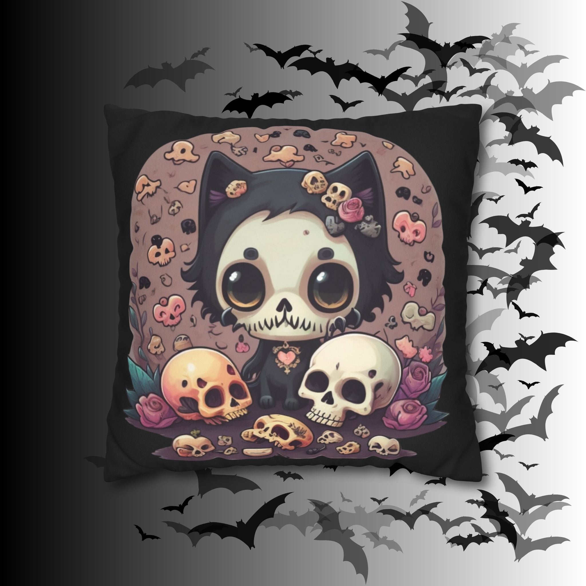 Gothic Skull Face Cat Throw Pillow — Creepy Cute Pastel Goth Home Decor