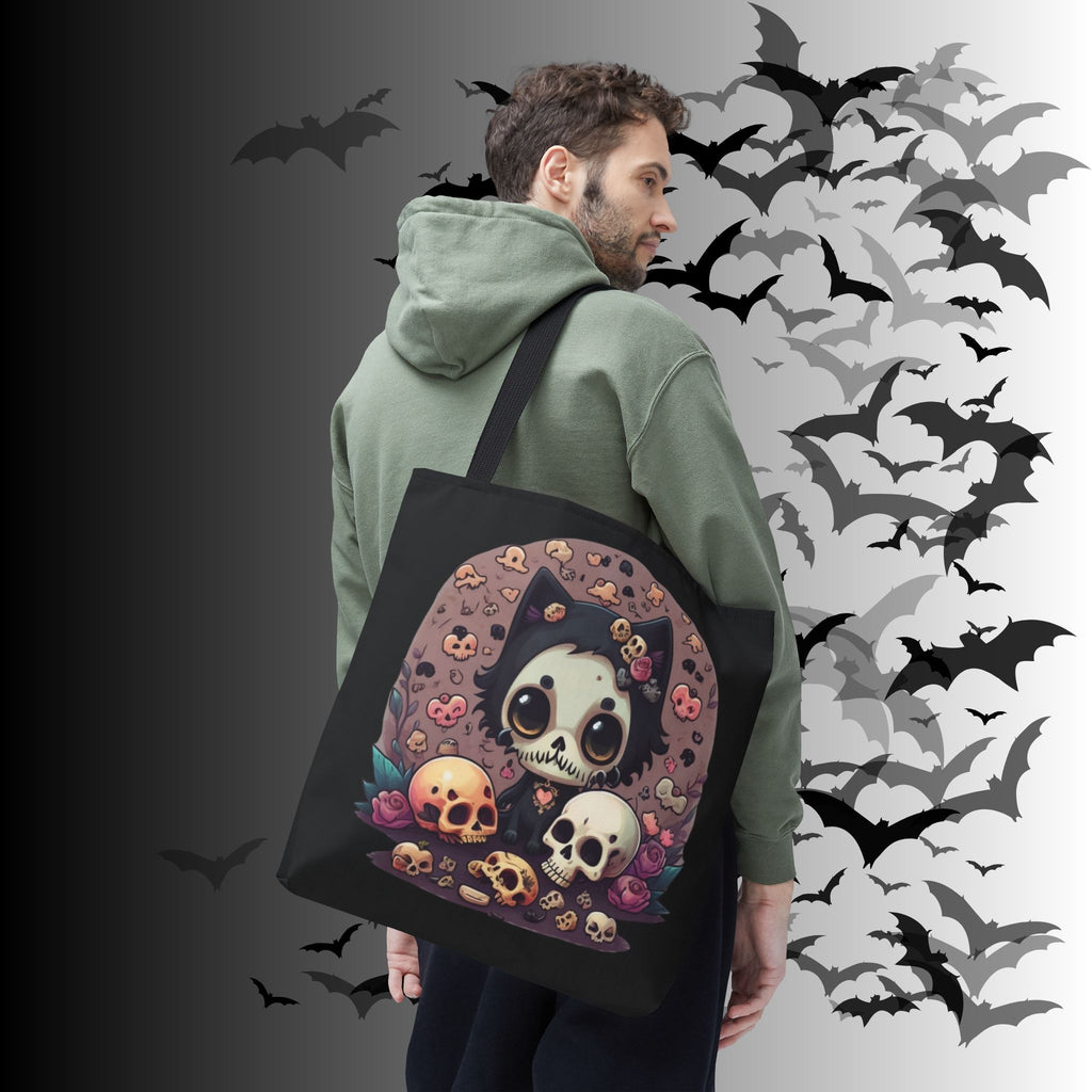 Kawaii Skull Cat Tote Bag — Gothic Cute Skull Illustration