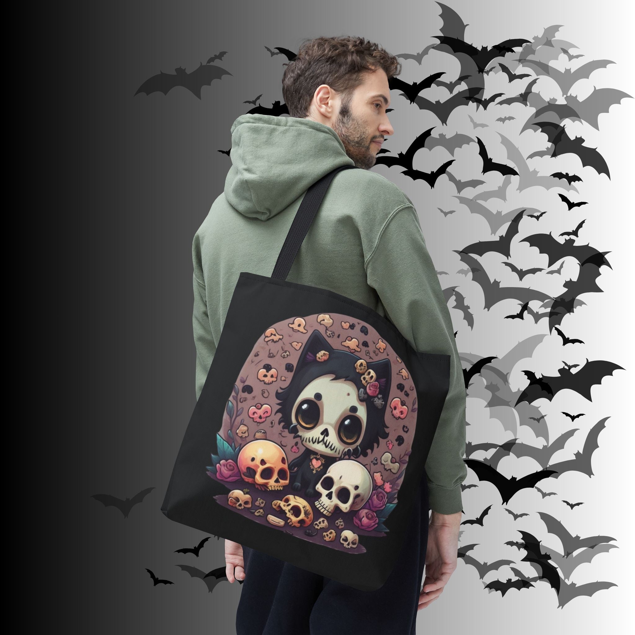 Kawaii Skull Cat Tote Bag — Gothic Cute Skull Illustration