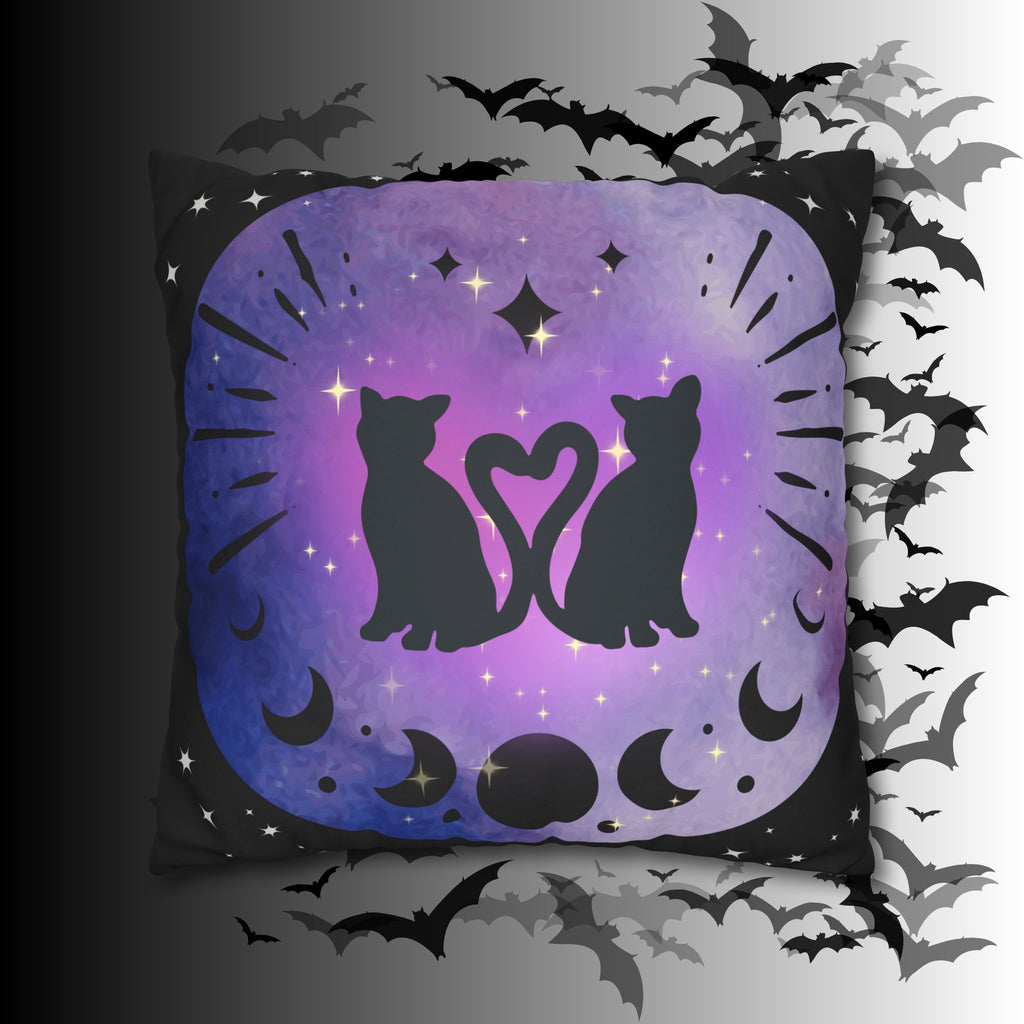 Lunar Love Cats Moon Phases Throw Pillow — Celestial Gothic Dark Home Decor