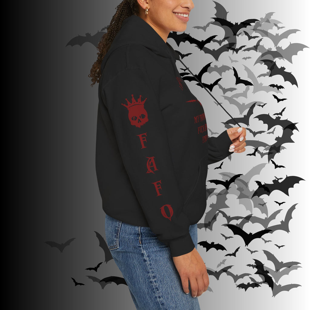 I Identify As a Threat Hoodie — Gothic Skull Sleeve Print Fuck Around Find Out