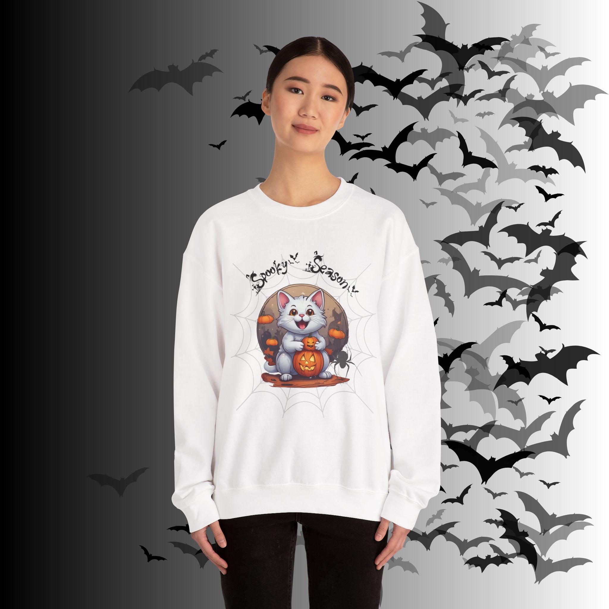 Spooky Season Cat Crewneck Sweatshirt — Kawaii Halloween Pumpkin