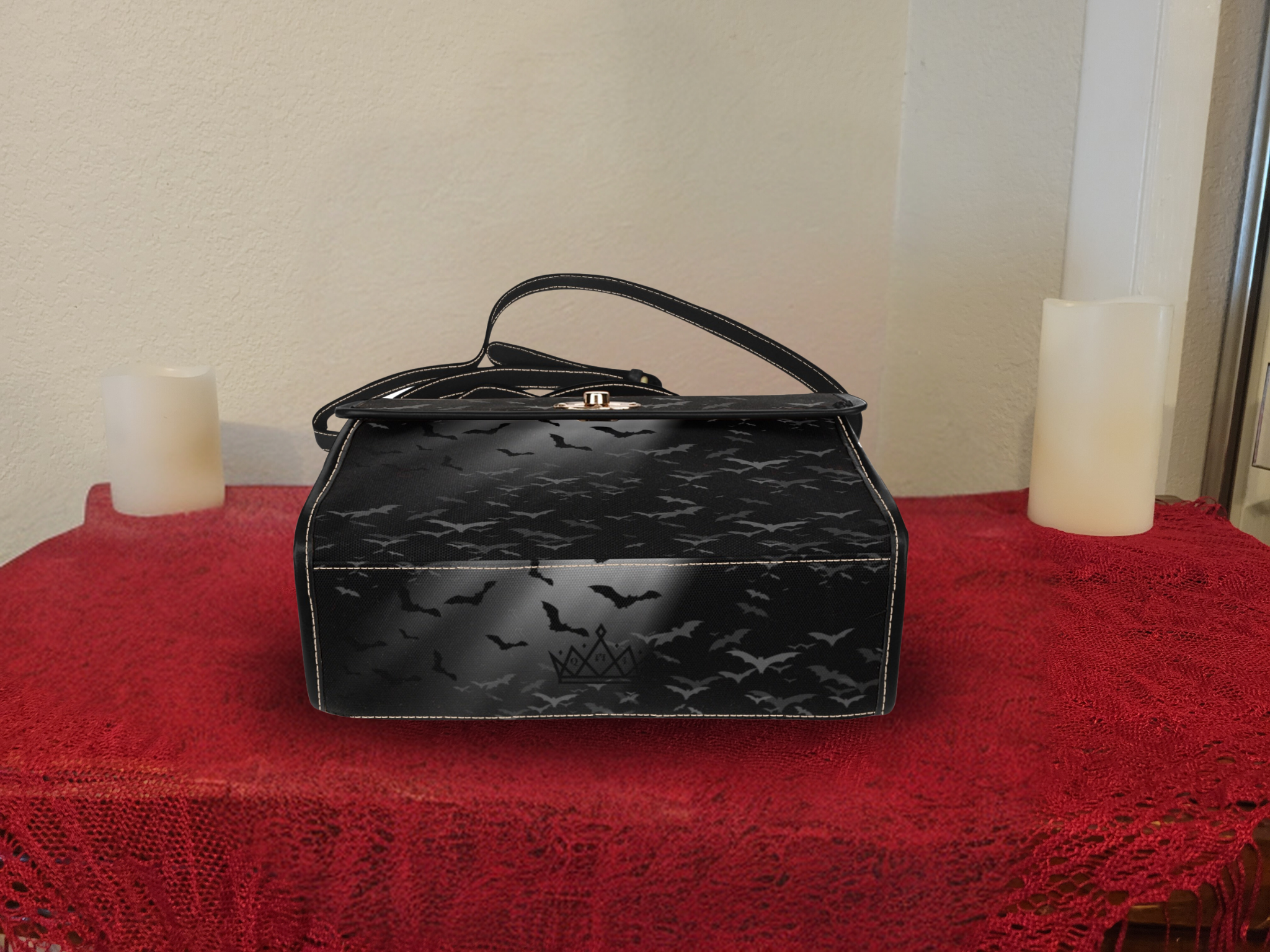 Gothic Bat Print Handbag — Tonal Black Crossbody Purse