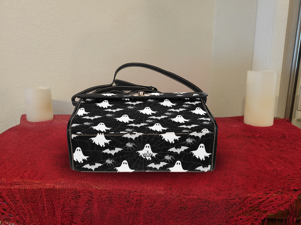 Gothic Ghost & Bat Print Handbag | Spooky Spider Web Waterproof Canvas Crossbody Purse