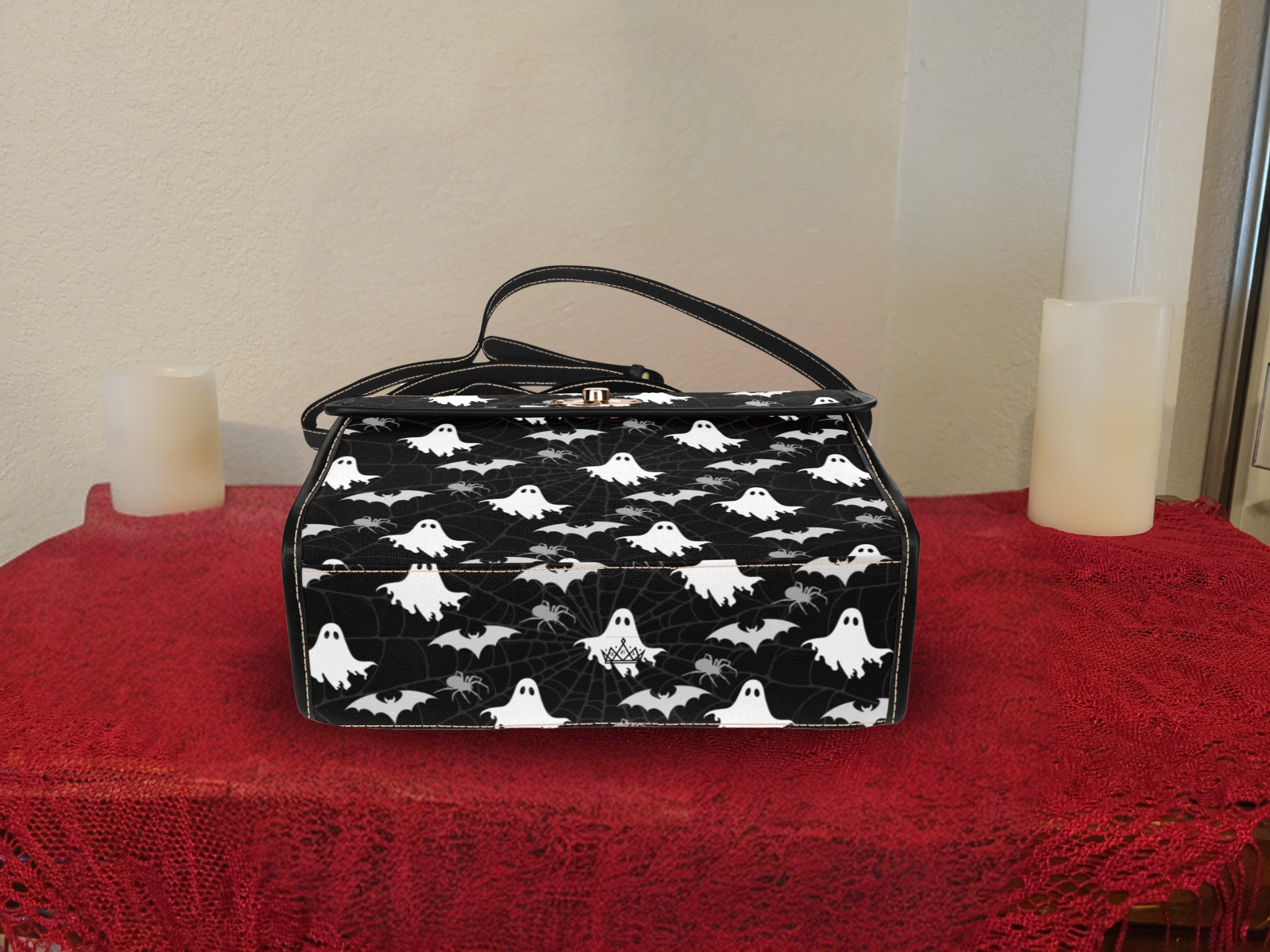 Gothic Ghost & Bat Print Handbag | Spooky Spider Web Waterproof Canvas Crossbody Purse