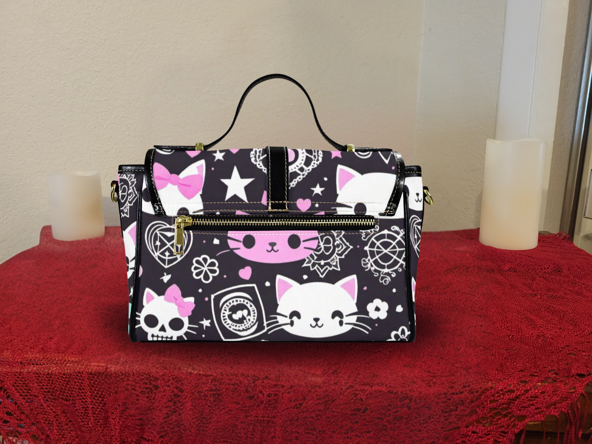 Pastel Goth Kawaii Cat Crossbody Bag | Skull & Stars Waterproof Canvas Satchel Purse
