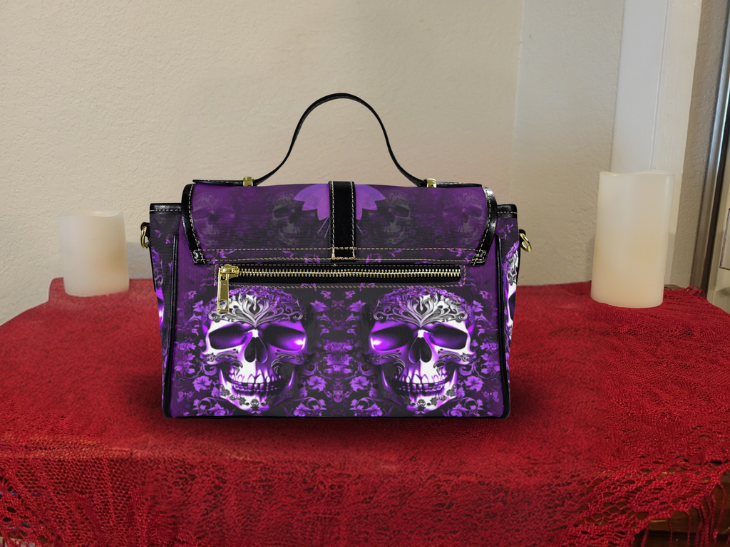 Purple Floral Skull Crossbody Bag | Gothic Glowing Skull Waterproof Canvas Satchel Purse