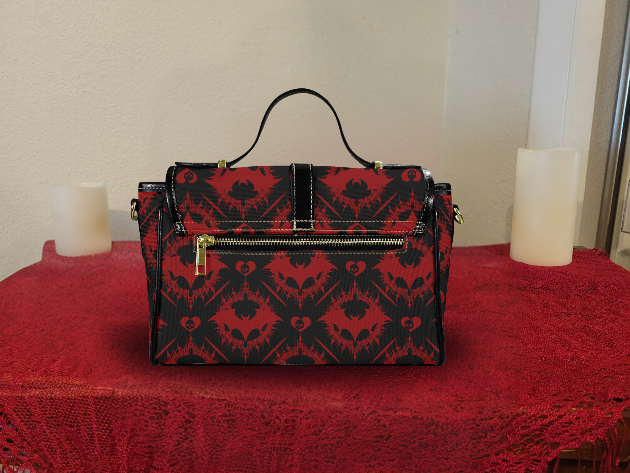 Gothic Bat Pattern Crossbody Bag | Red & Black Damask Waterproof Canvas Satchel Purse