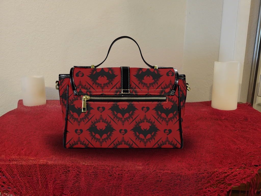 Scarlet Gothic Bat Crossbody Bag | Red & Black Damask Waterproof Canvas Satchel Purse