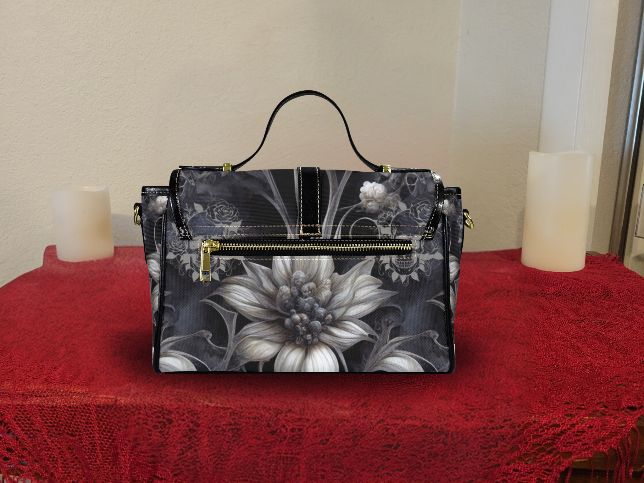 Gothic Botanical Skull Crossbody Bag | Dark Floral Lily Waterproof Canvas Satchel Purse