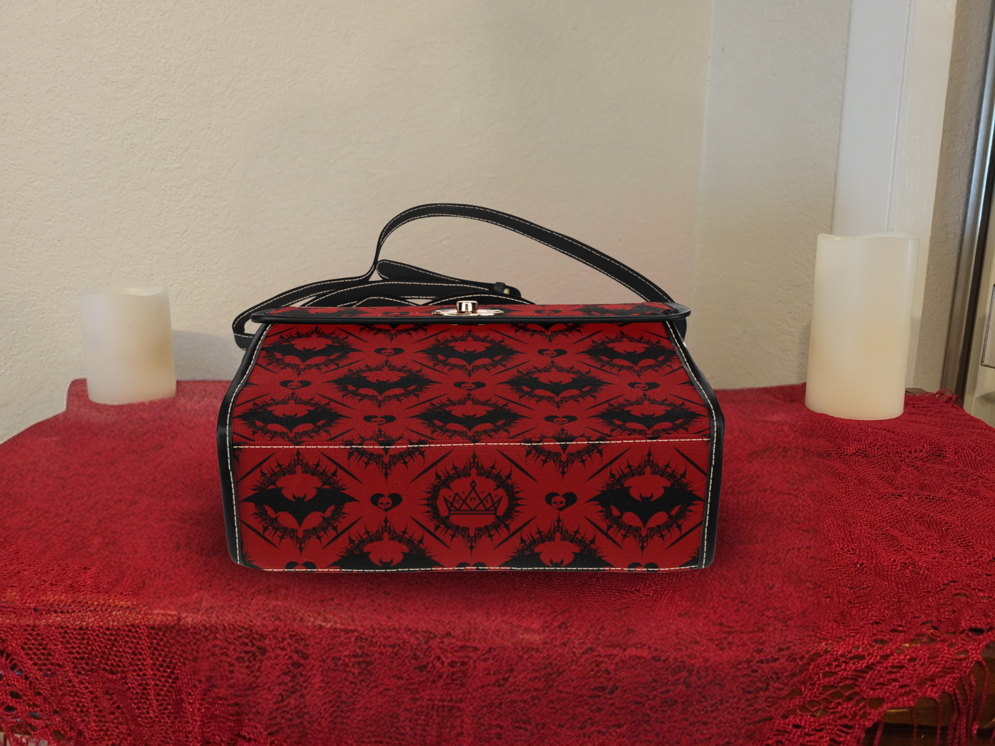 Scarlet Gothic Bat Handbag | Red & Black Damask Waterproof Canvas Crossbody Purse