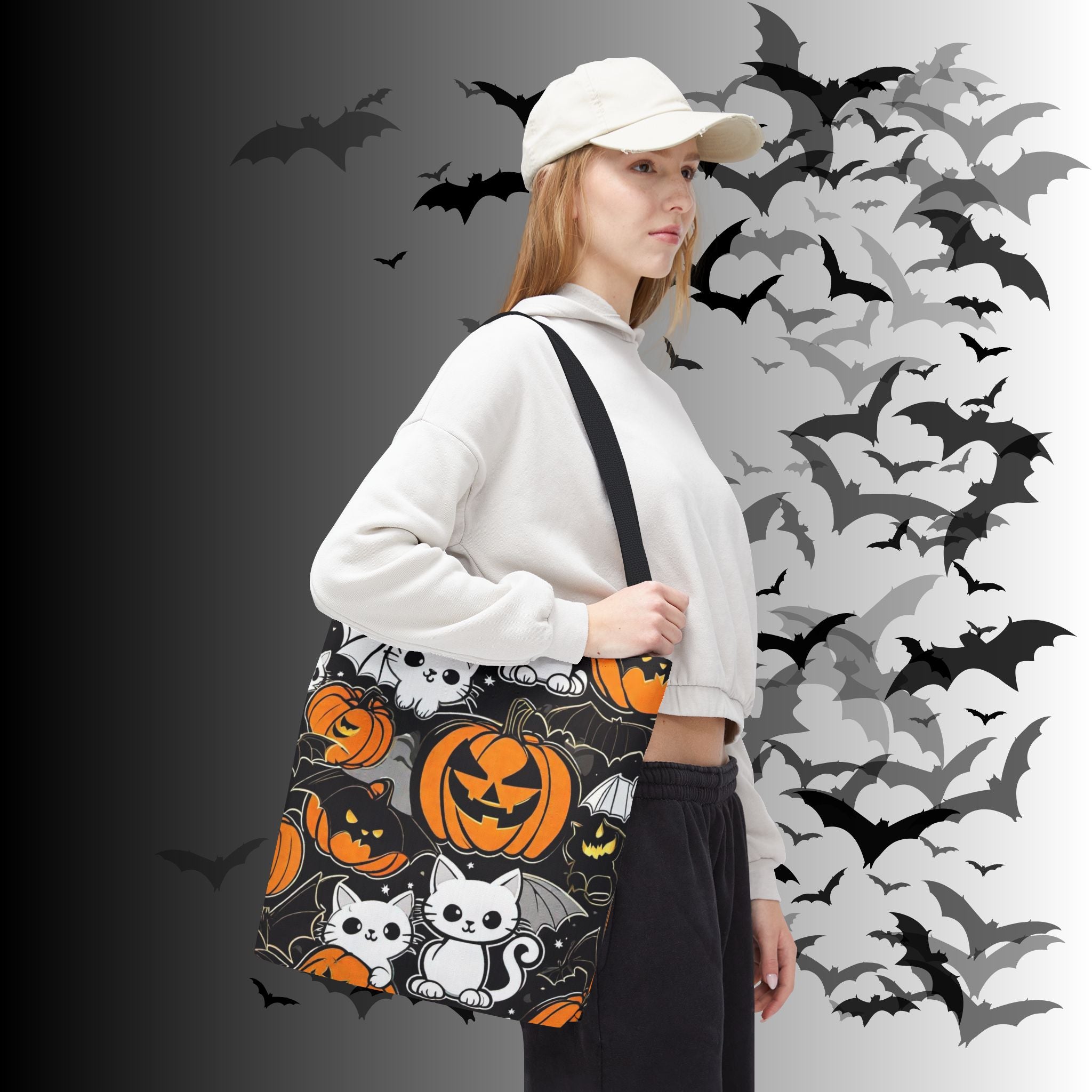 Kawaii Bat Cat Halloween Tote Bag — Dark Pumpkin Pattern