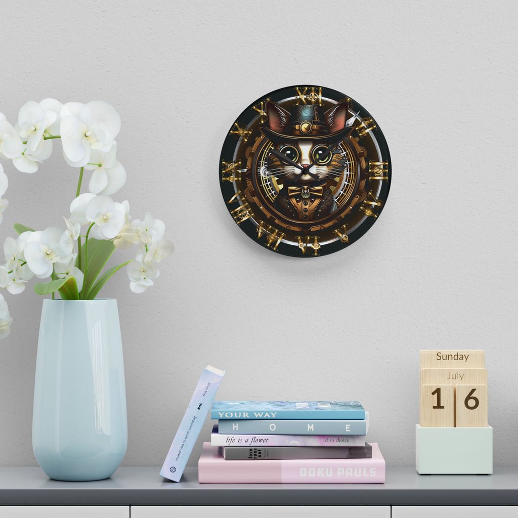 Steampunk Cat Wall Clock — Victorian Gear Acrylic Art Print Home Decor