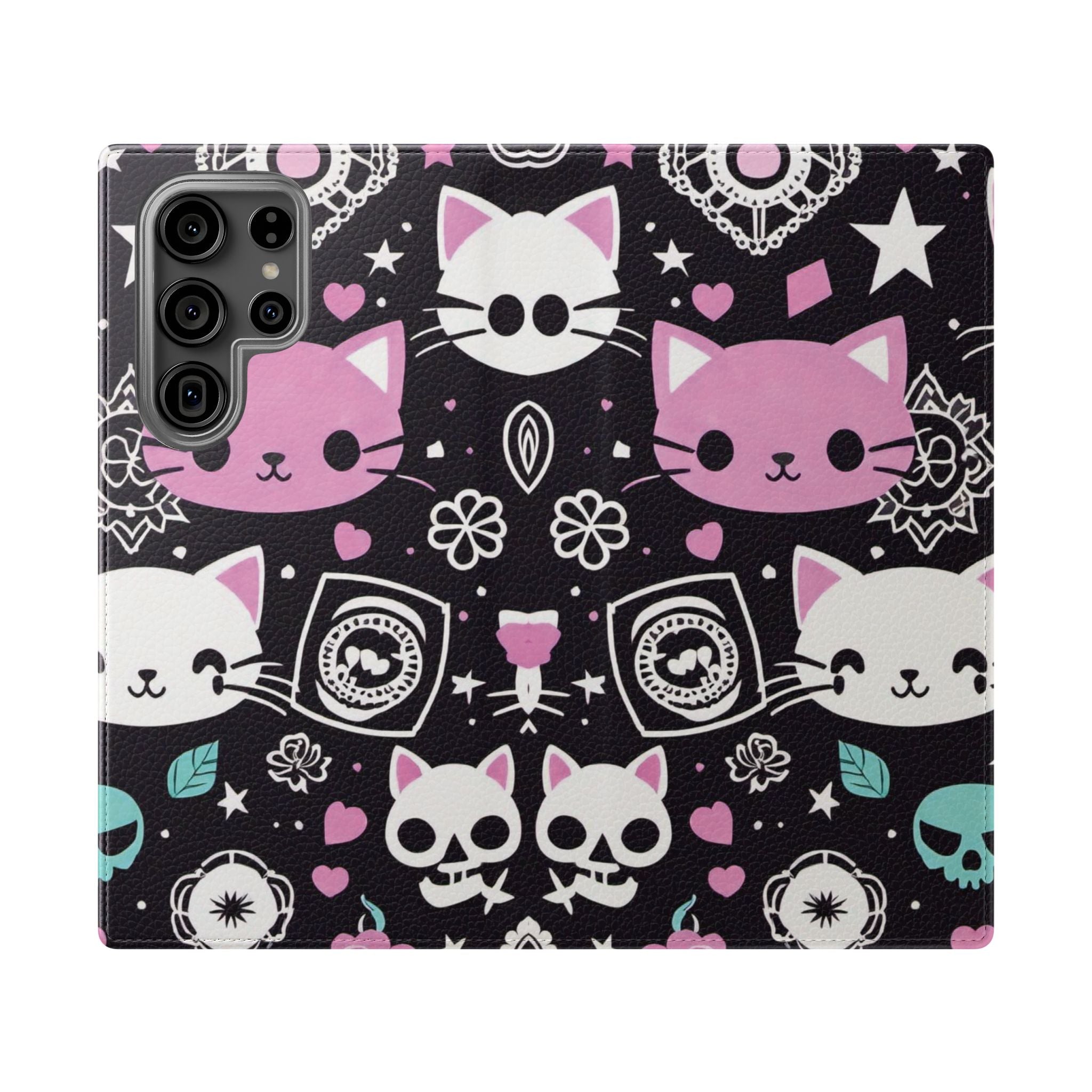 Pastel Goth Cat Flip Wallet Phone Case - Goth Cat Wallet Case for Samsung iPhone - Gothic Style Cats Wallet Phone Cases