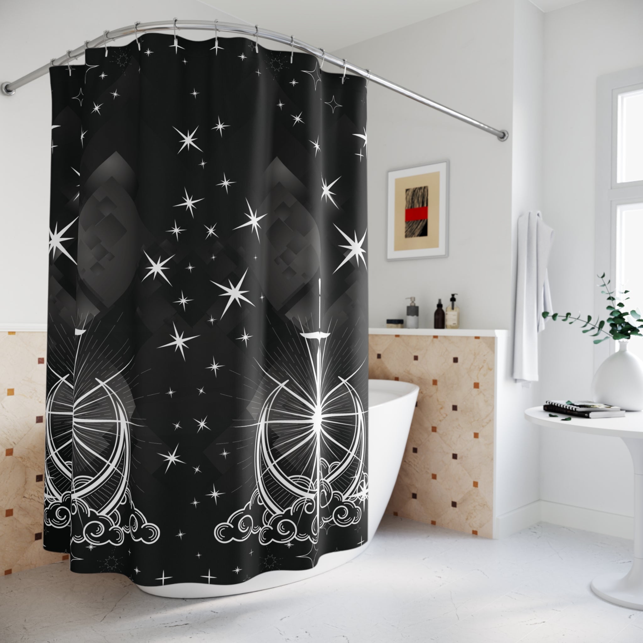 Celestial Sword Shower Curtain — Gothic Fantasy Moon Bathroom Decor