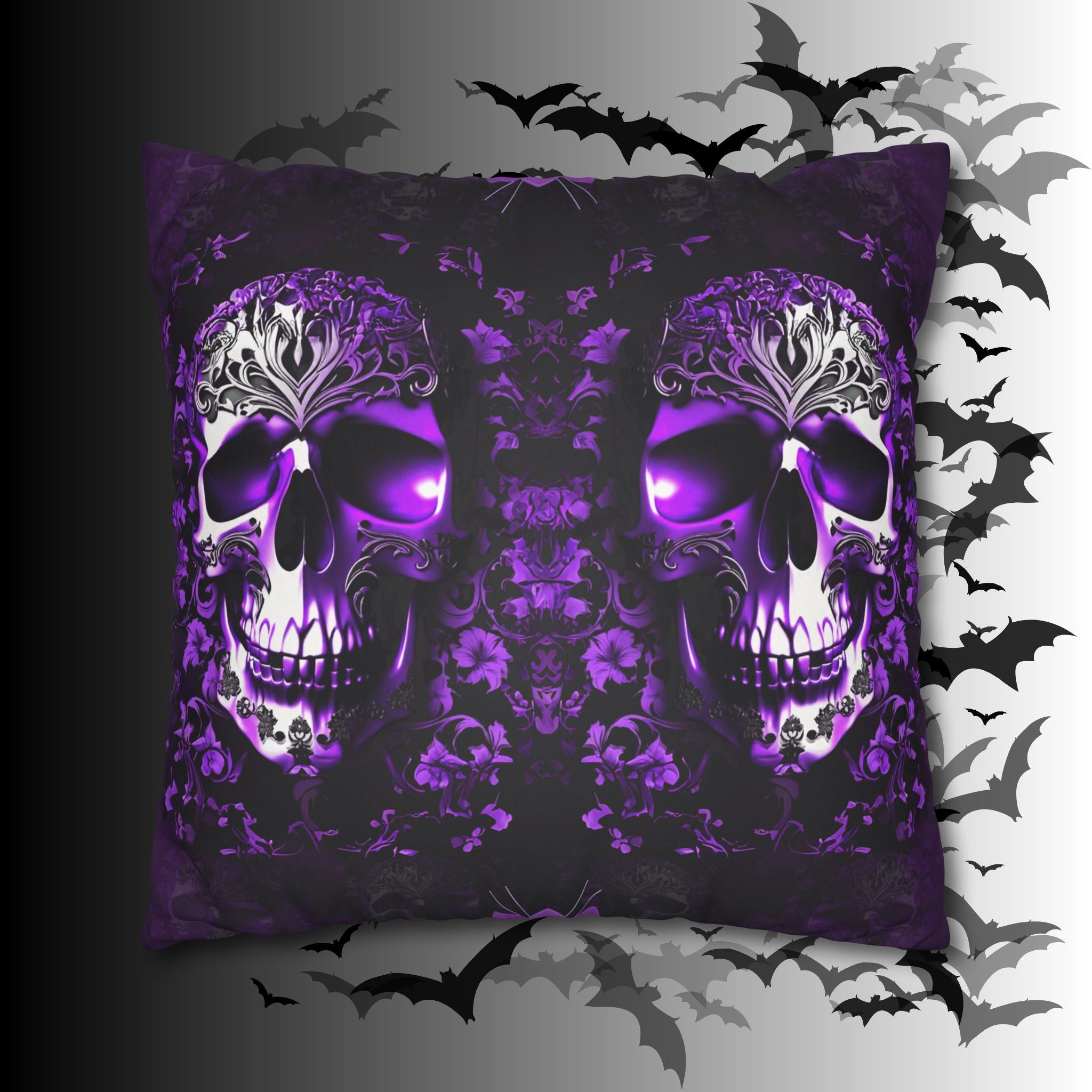 Purple Gothic Skull Throw Pillow — Damask Dark Home Decor