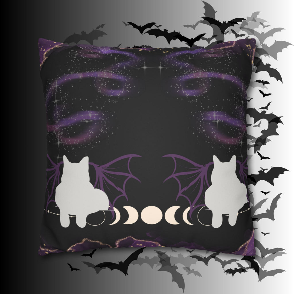 Gothic Bat Wing Cat Moon Phases Throw Pillow — Purple Celestial Dark Home Decor
