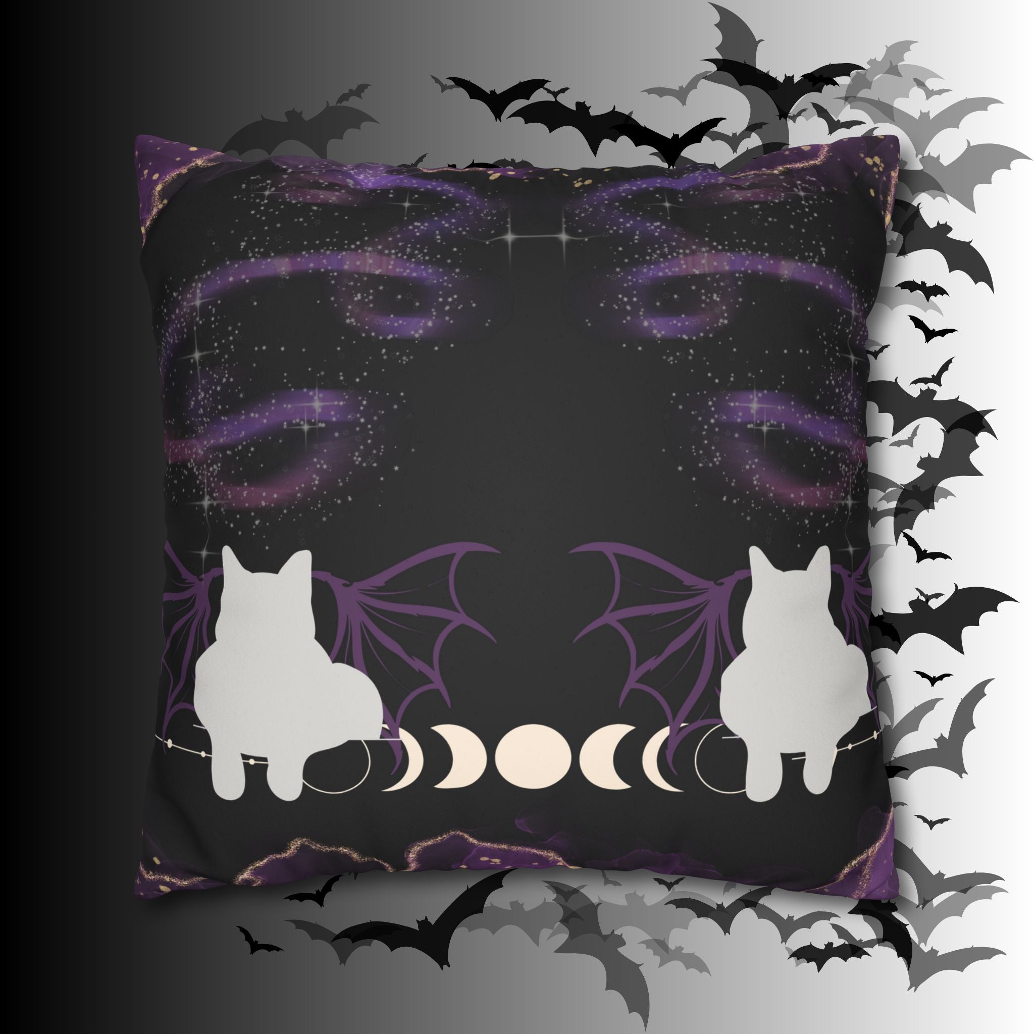 Gothic Bat Wing Cat Moon Phases Throw Pillow — Purple Celestial Dark Home Decor