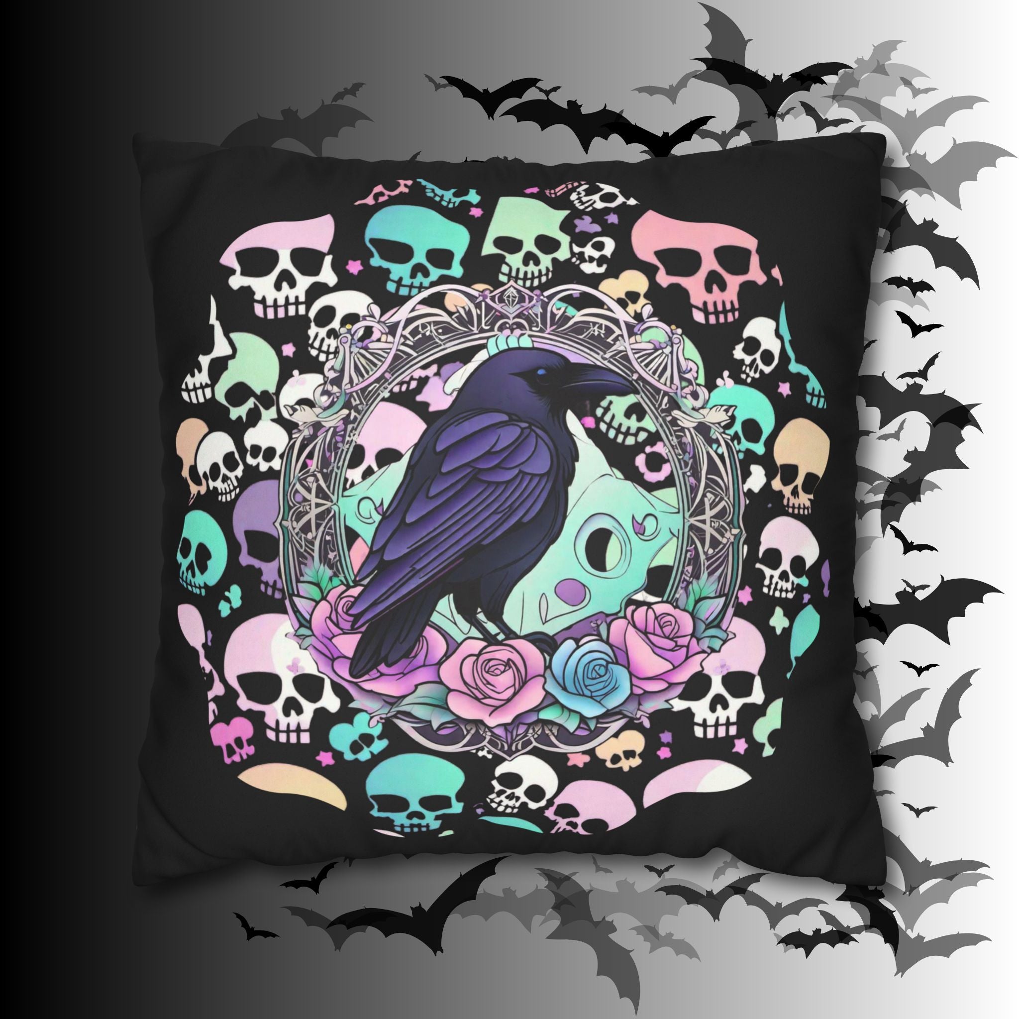 Pastel Goth Raven Skull Throw Pillow — Dark Floral Gothic Home Decor