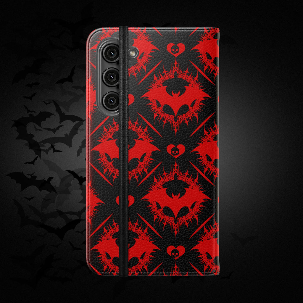 Gothic Bat Wallet Flip Case - Elegant Goth Phone Wallet - Bat Pattern Flip Case - Gothic Phone Case - Stylish Wallet Phone Case