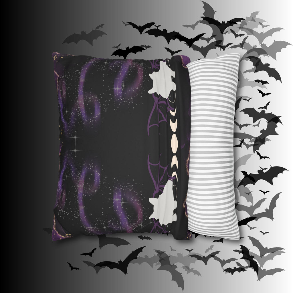 Gothic Bat Wing Cat Moon Phases Throw Pillow — Purple Celestial Dark Home Decor